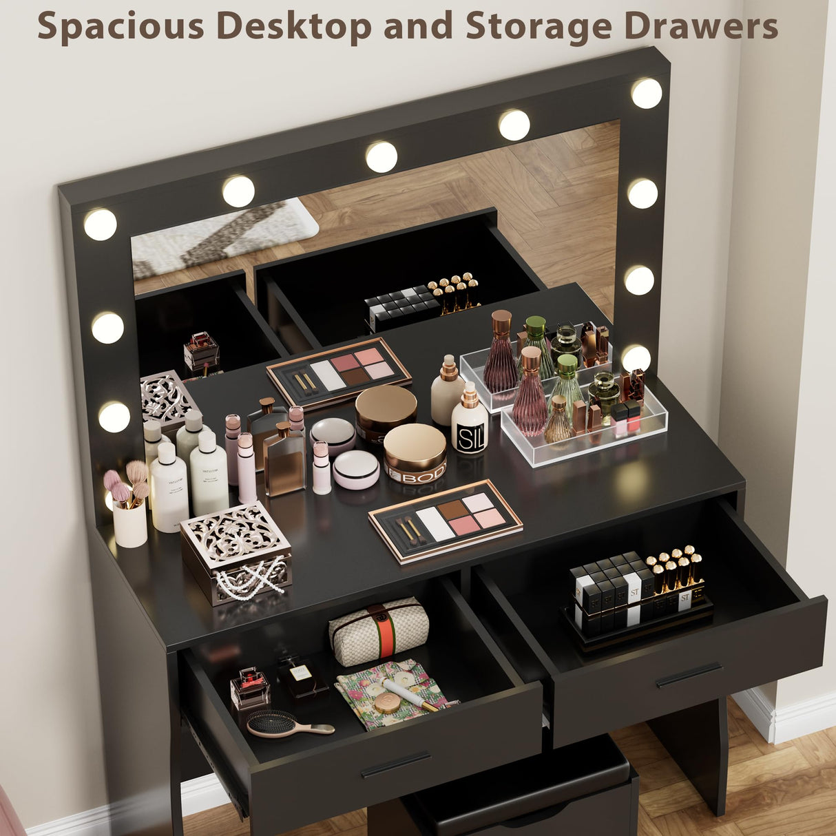 Furmax Vanity Desk Set with Large Lighted Mirror, 35.4 Inch Makeup Vanity Table with 2 Drawers, Cushioned Storage Stool, 3 Lighting Modes Brightness Adjustable, Dressing Table for Bedroom (Black) Furmax