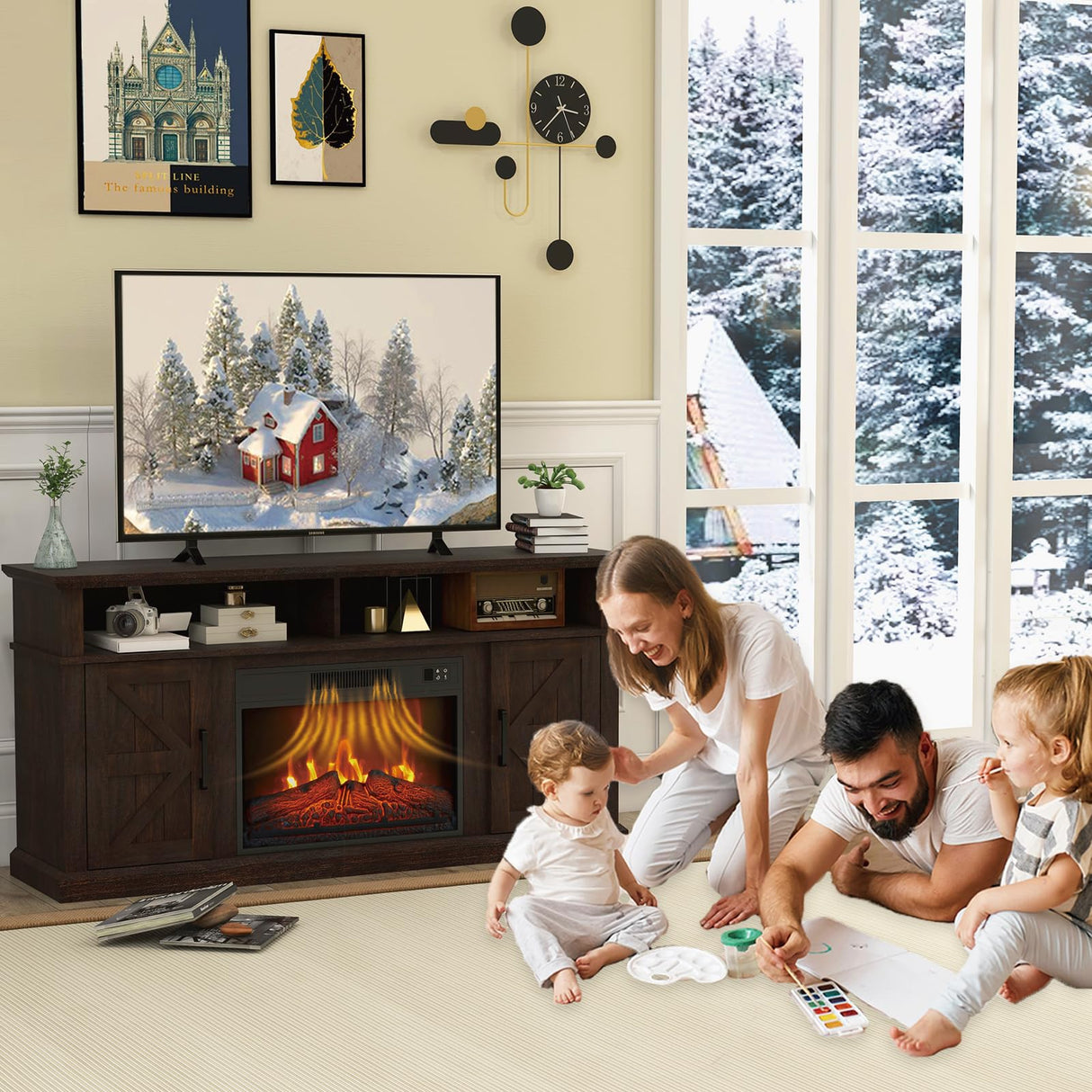 Luban Nese Fireplace TV Stand for TVs Up to 65" with 23" Electric Fireplace, Entertainment Center with Storage Cabinet and Open Shelves, Media Console with Barn Doors for Living Room (Espresso) Luban Nese