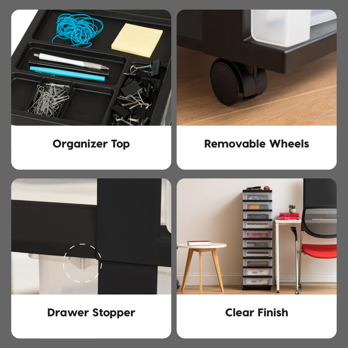 IRIS USA Plastic Drawer Storage Organizer Rolling Cart with Wheels Casters 10-Drawers for Classroom Art Craft Supplies Dresser Closet Bathroom Dorm Bedroom Laundry Room Black/Clear IRIS