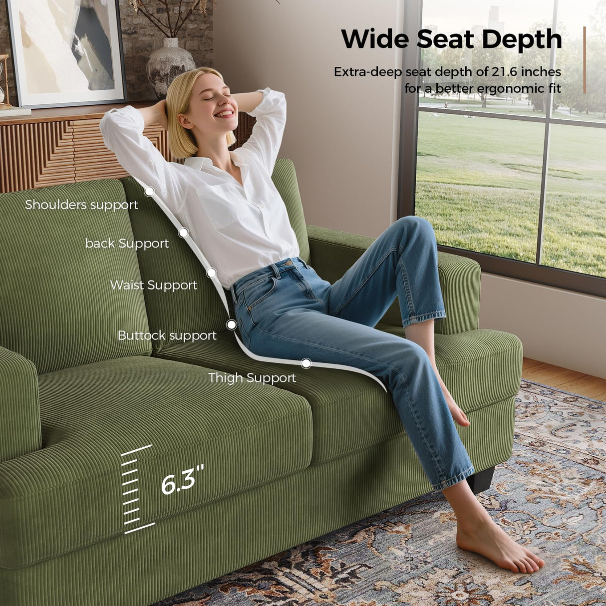 COPIAE 63 Inch Sofa with Extra Deep Seats Oversize, Corduroy Fabric 2 Seater Sofa for Living Room,Modern Couch and Loveseat, Comfy Armrests and Seats and Backrests, Easy Installation, Green COPIAE