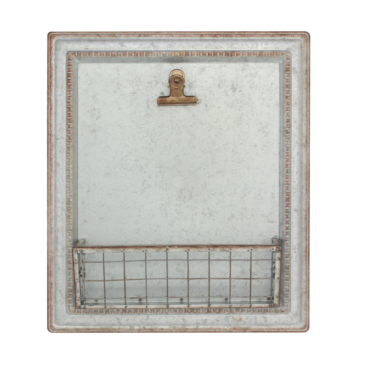 Stonebriar Rustic Galvanized Metal Magnetic Memo Board for Wall with Clip and Wire Basket Stonebriar