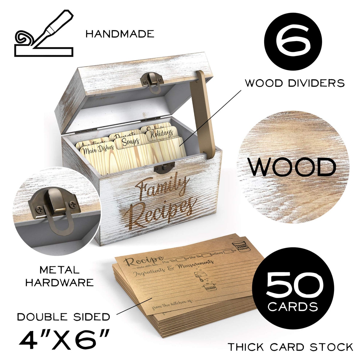 Wooden Recipe Box with Cards and Dividers - Includes 6 Wood Dividers - 50 Double Sided 4x6 Recipe Cards - Premium Handcrafted Quality - Great Gift Idea - Wedding, Birthday, Anniversary, Mother's Day WIDBI