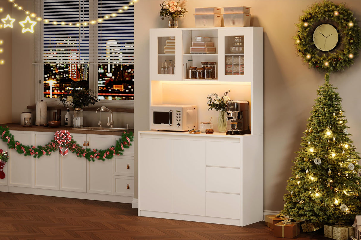 71" Pantry Cabinet with LED Lights & Charging Station, Kitchen Storage Hutch with Adjustable Glass Door Shelves, Microwave Stand, Modern Cabinet for Home, Dining Room, or Compact Kitchen Loumernhant
