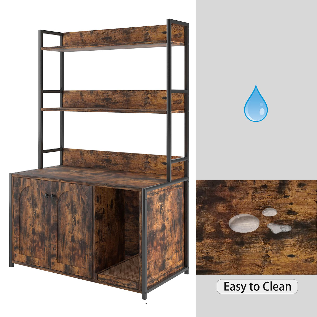 Litter Box Enclosure with 2 Storage Shelves Hidden Cat Litter Box Furniture with Scratch Pad, Indoor Cat House Kitty Box Washroom Cat Bookshelf Cabinet Retro Brown Hipicute