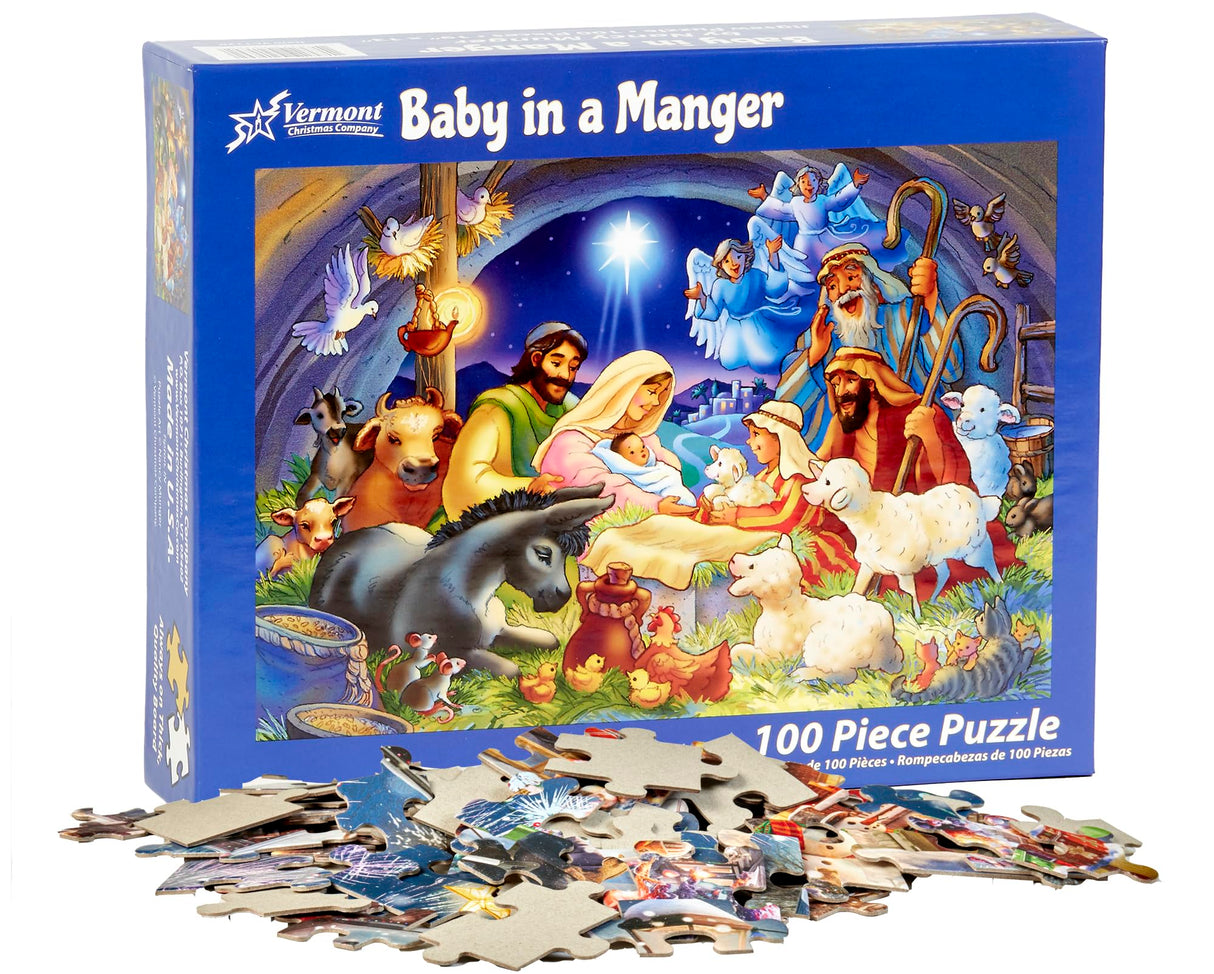 Vermont Christmas Company Baby in a Manger Jigsaw Puzzle 100 Piece, Large Pieces Perfect for Kids and Seniors Vermont Christmas Company