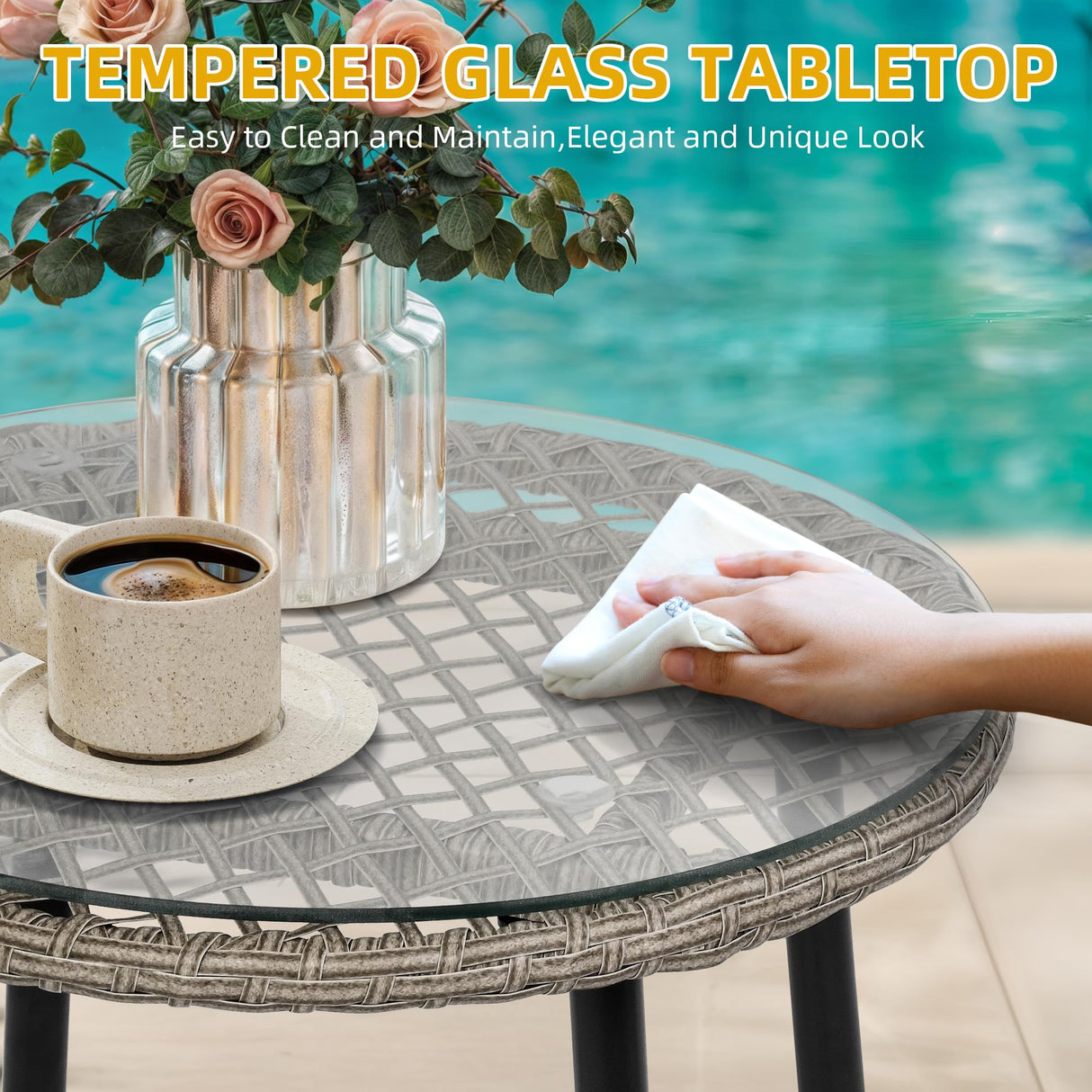 DWVO Bistro Table and Chairs Set of 2, Outdoor Patio Furniture Set with Cushion Chairs and Glass Table, Front Porch Furniture for Backyard, Deck, and Balcony, Gray DWVO