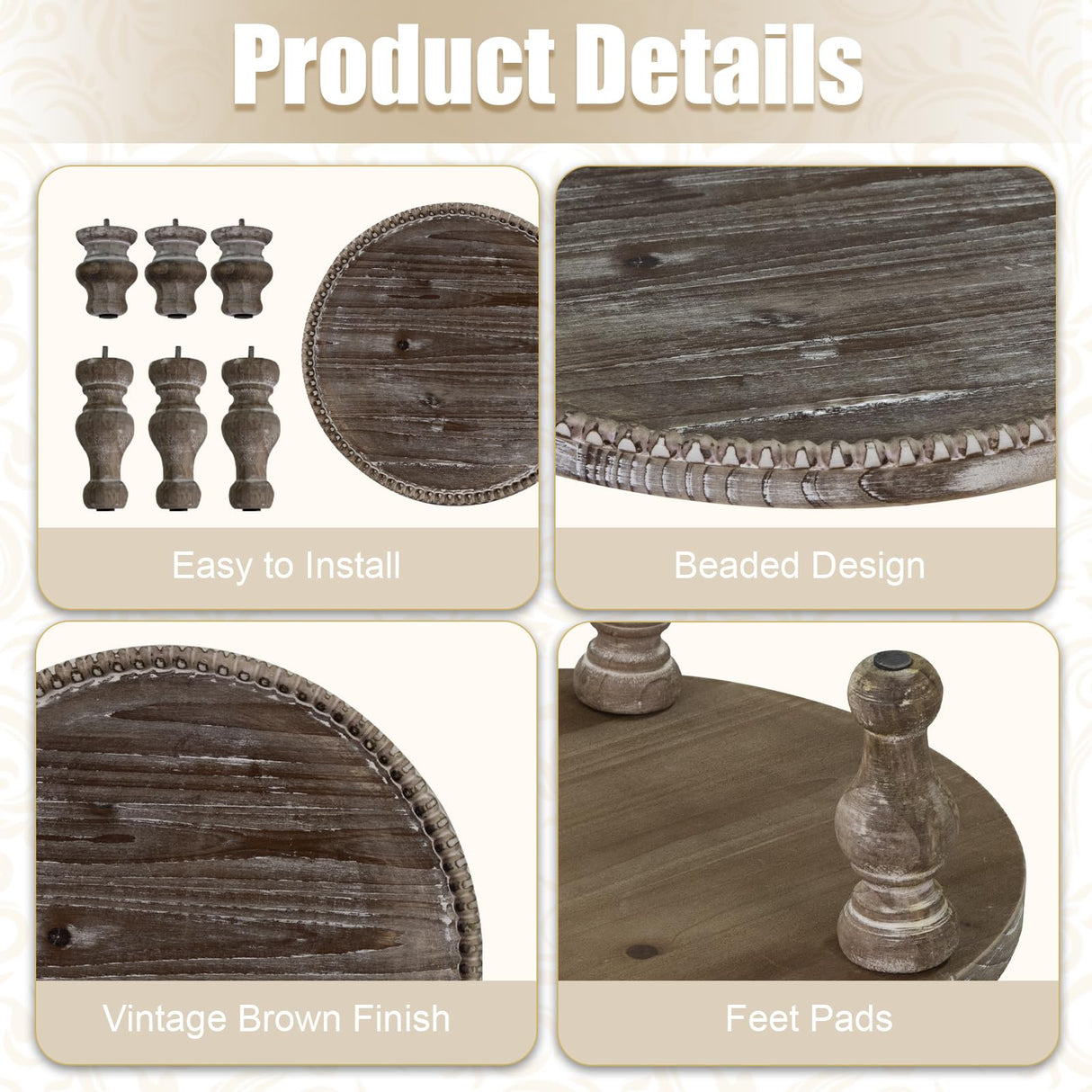 MAONAME Farmhouse Wood Riser for Display, Decorative Pedestal Stand for Kitchen Counter, Rustic Round Beaded Wooden Display Tray for Home Decor, Short and Tall Footed, 11.87 Inch MAONAME