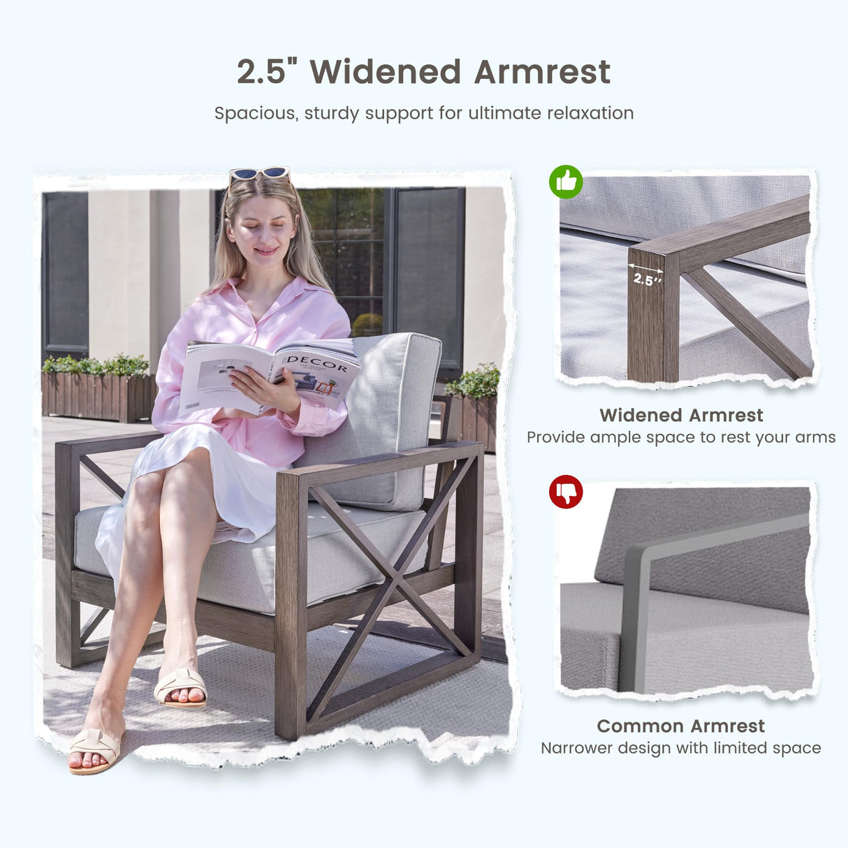 UDPATIO Patio Aluminum 3-Seat Couch, Faux Wood All-Weather Outdoor Furniture Sofa with 6” Water-Resistant OLEFIN Cushions and Rust-Proof Frame, Waterproof Cover Included, Beige UDPATIO