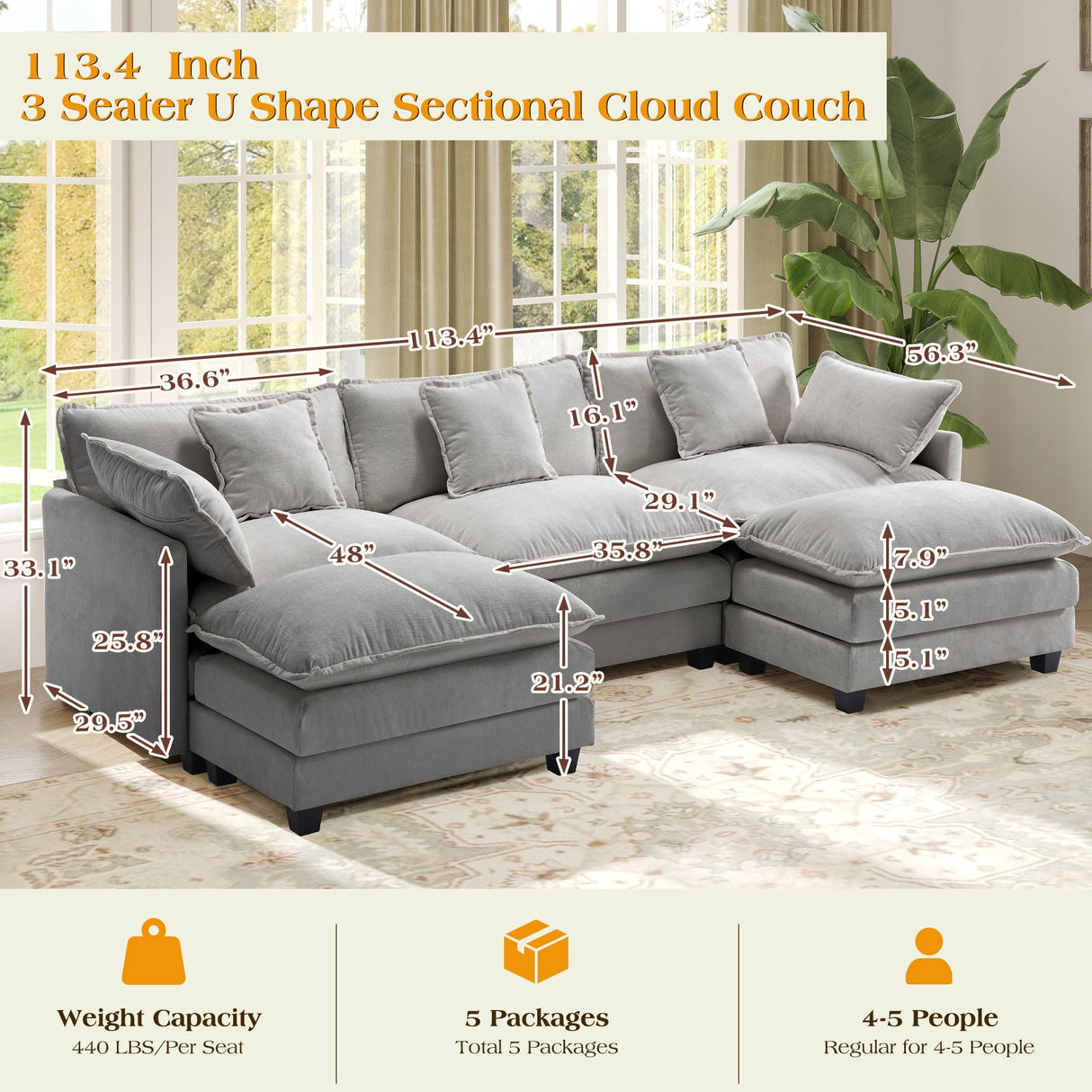 113.4" Modular Sectional Sofa,U Shaped Couch for Living Room,Modern Deep Seat Sofa 3 Seater Chenille Fabric Comfy Cloud Couches with Throw Pillows & Movable Ottoman Hanherry