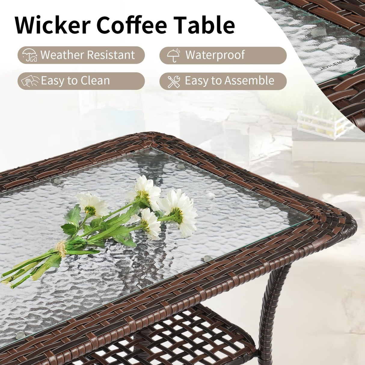 VINGLI Outdoor Coffee Table with Storage Wicker Patio Coffee Table, Tempered Glass Top Coffee Table for Patio Outside Balcony Porch Deck (Brown) VINGLI