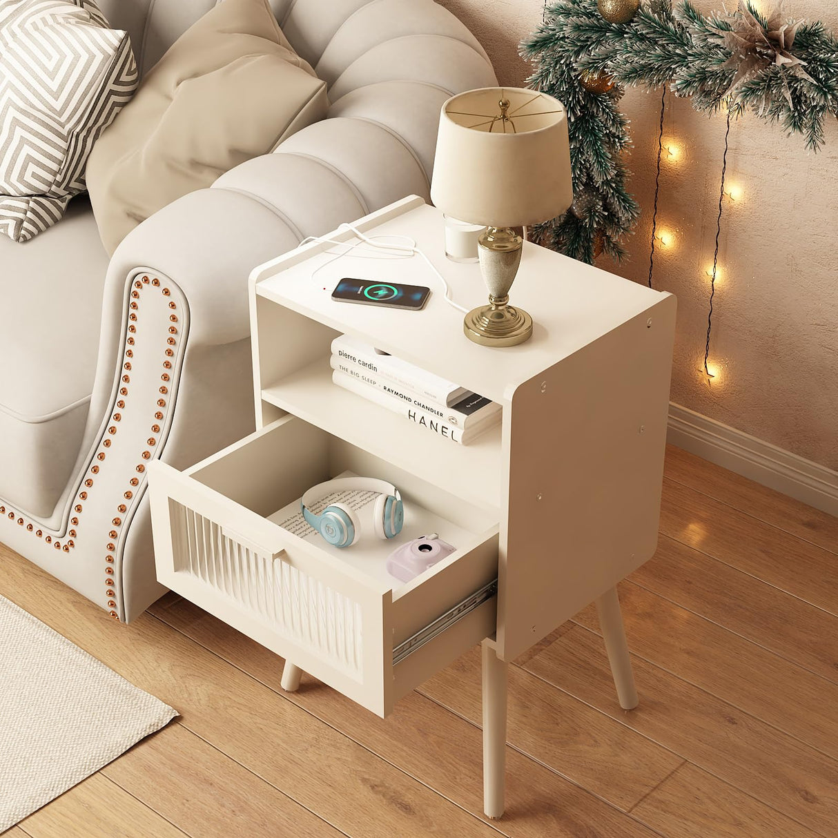 Mid Century Modern Nightstand with Charging Station, Bedside Tables with Glass Drawer, End Table Side Table with 2 Tiers Storage Space, for Bedroom, Living Room, White SOOWERY