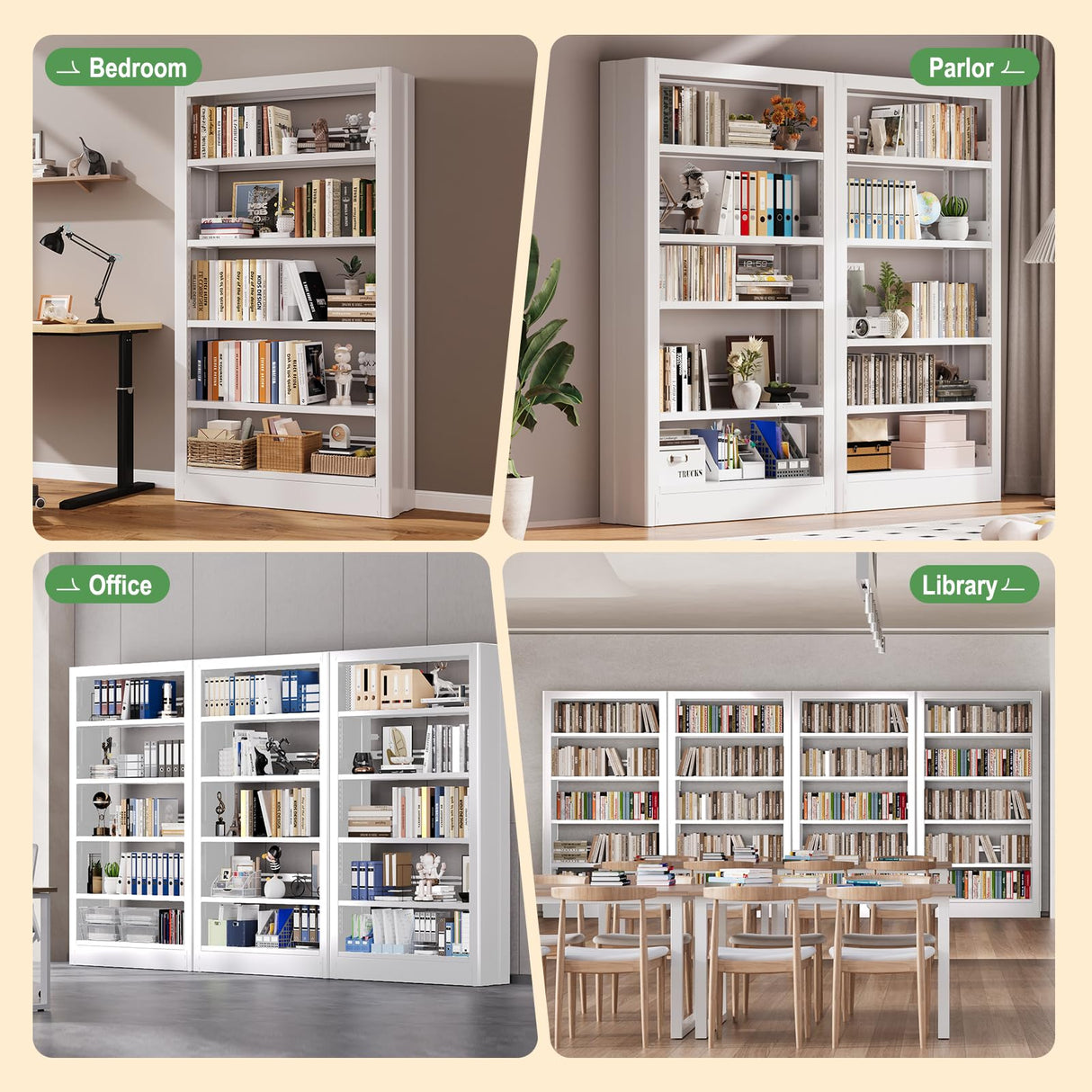 Metal Bookshelf, 5-Tier Bookcase with Adjustable Storage Shelf, 71" Tall Bookcases Heavy Duty bookcase with Bookends, Modern Bookshelf for Living Room, Library, Bedroom,Includes Book Stoppers-White CBCNWR