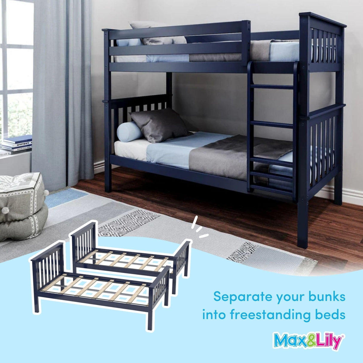 Max & Lily Bunk Bed Twin over Twin, Solid Wood Bunk Bed Frame with Ladder for Kids, 14" Safety Guardrails, Easy Assembly, No Box Spring Needed, Blue Max & Lily