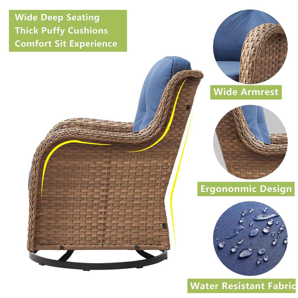 Rilyson Patio Chairs Rocking Swivel Chiar - 3 Piece Outdoor Wicker Patio Bistro Set Rattan Rocker Glider Chairs with High Back and Deep Seating for Outside Porch Deck Garden(Yellow/Blue) Rilyson