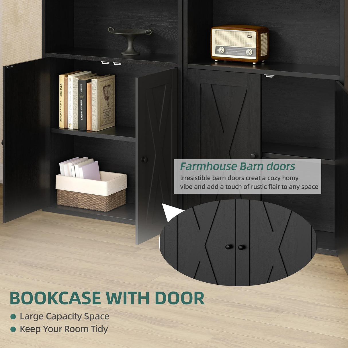 Shintenchi Bookshelf, Industrial Bookshelves and Bookcases with Doors Floor Standing 6 Shelf Display Storage Shelves 70.6 inches Tall Bookcase for Home Office, Living Room (Black) Shintenchi