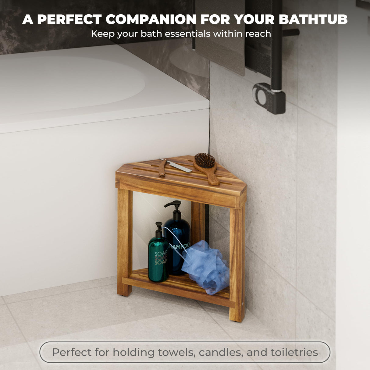 BLUEWEST Shower Foot Rest, Corner Shower Stool, Wooden Shower Foot Stool for Shaving Legs Inside Shower, Waterproof Shower Foot Rest with Storage Shelf for Small Shower Space, Shower Seats and Benches BLUEWEST