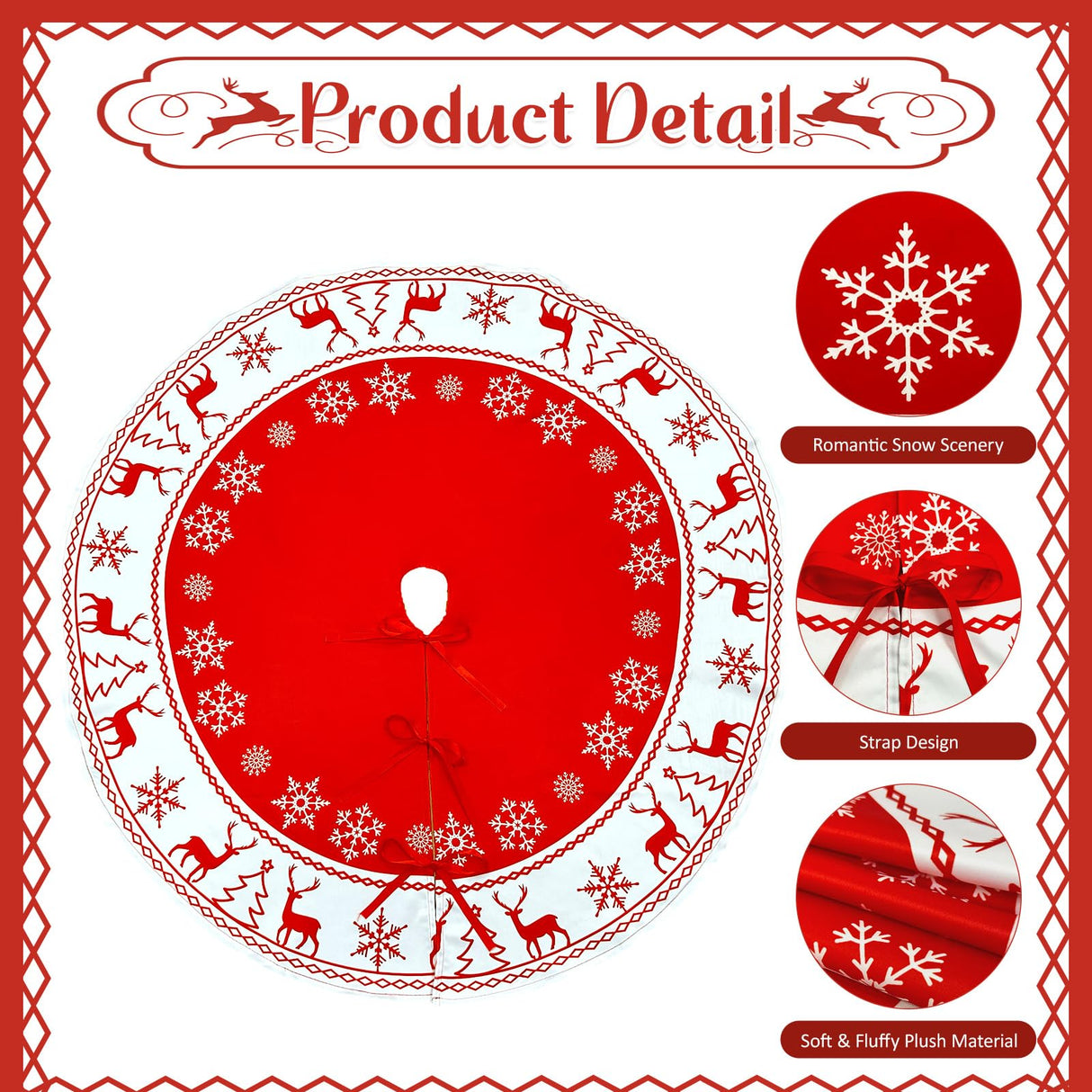 OurWarm Christmas Tree Skirt 48 Inches, Large Xmas Tree Skirts with Snowflake and Reindeer Pattern, Red and White Tree Mat for Christmas Winter Holiday Indoor Decorations OurWarm