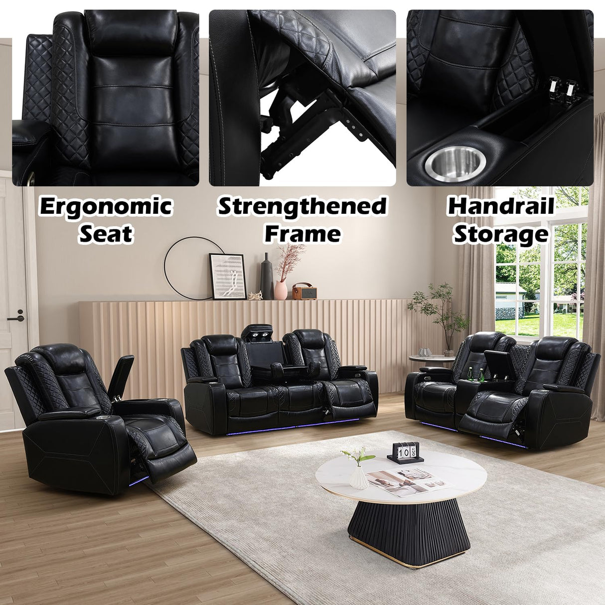 SIENWIEY Power Recliner Sofa Set with LED Lights for Living Room Furniture Set, Black Leather Reclining Couch Set, Recliner Couch with USB Port and Cup Holders,Sofa+Loveseat+Chair SIENWIEY