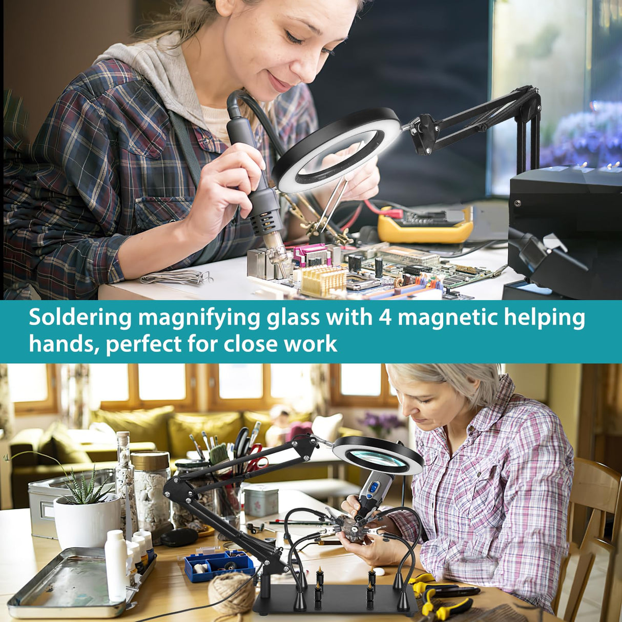 MagnieOpti Helping Hands Soldering Station, 10X Magnifying Glass with Light and Stand with 4 Magnetic Third Hand & 4 PCB Circuit Board Holders, Hands Free Magnifier Desk Lamp for Soldering Repairing MagnieOpti