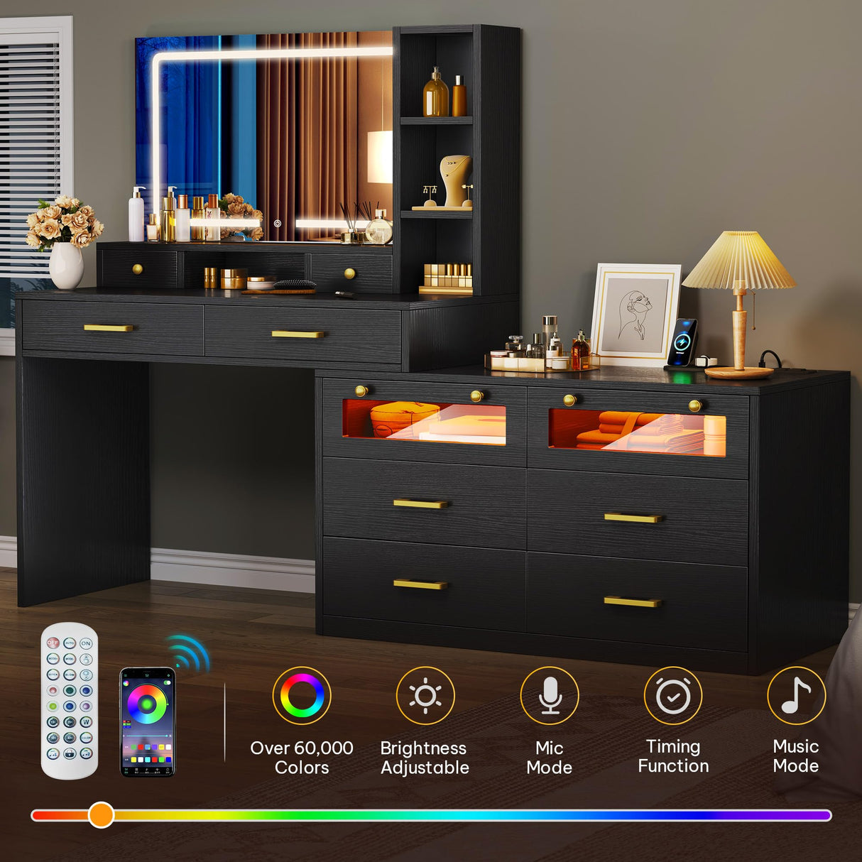 DWVO Vanity Desk with Mirror and Light, 65" Makeup Mirror Table Set with 3 Lighting Modes Adjustable, Large Makeup Dressing Vanity Table with Charging Station, 10 Drawers and 4 Storage Shelves, Black DWVO