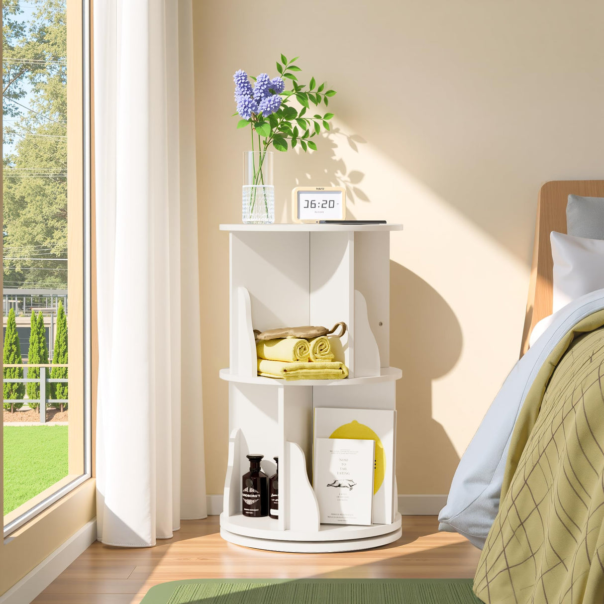 Furniwell 4-Tier Rotating Bookshelf and Bookcase, 360° Display Stackable Spinning Book Shelf Tower with Raffle, Floor Standing Corner Shelf for Living Room, Study Room(16" W*16" D*51" H) Furniwell