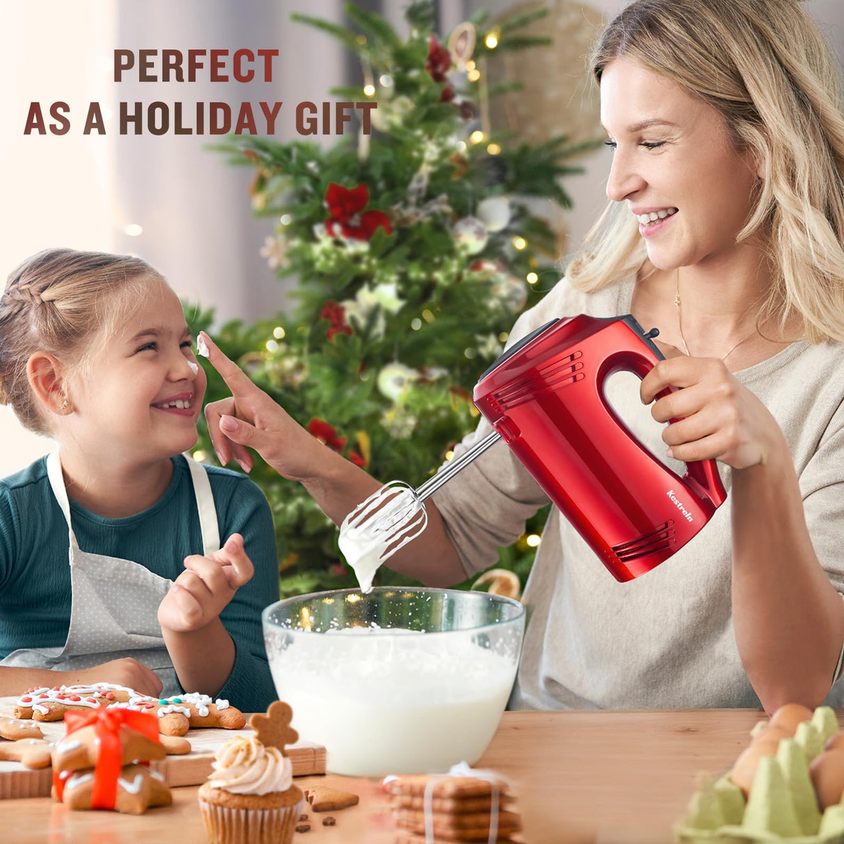Kestreln Hand Mixer Electric Handheld with Flat Bottom, Portable Mixer for Kitchen Baking Cake, Powerful Mixing for Thicker Doughs with dough hooks Kestreln