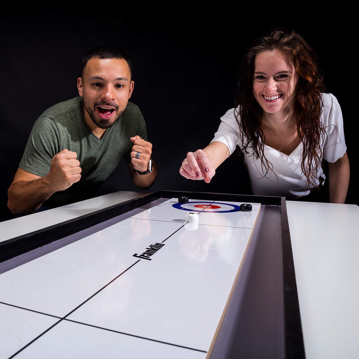 Franklin Sports 2-in-1 Shuffleboard Table and Curling Set - Portable Tabletop Set includes 8 Rolling Mini Pucks - 45" Franklin Sports