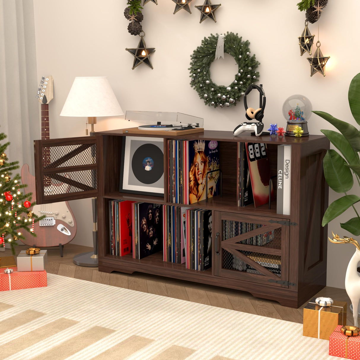 VAXZOFI Large Record Player Stand with Vinyl Storage, 500+ Vinyl Record Storage Cabinet, 47 Inch Record Player Table with Power Outlet, Farmhouse Wooden Turntable Stand for Living Room, Walnut VAXZOFI