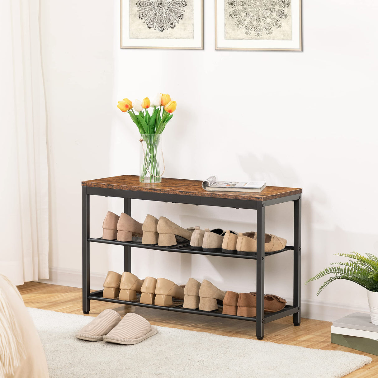HOOBRO Shoe Bench, 3-Tier Shoe Rack, Industrial Shoe Organizer Storage Bench, 29.5 inches Entry Bench with Mesh Shelves, for Entryway, Living Room, Hallway, Easy Assembly, Rustic Brown BF75HX01 HOOBRO