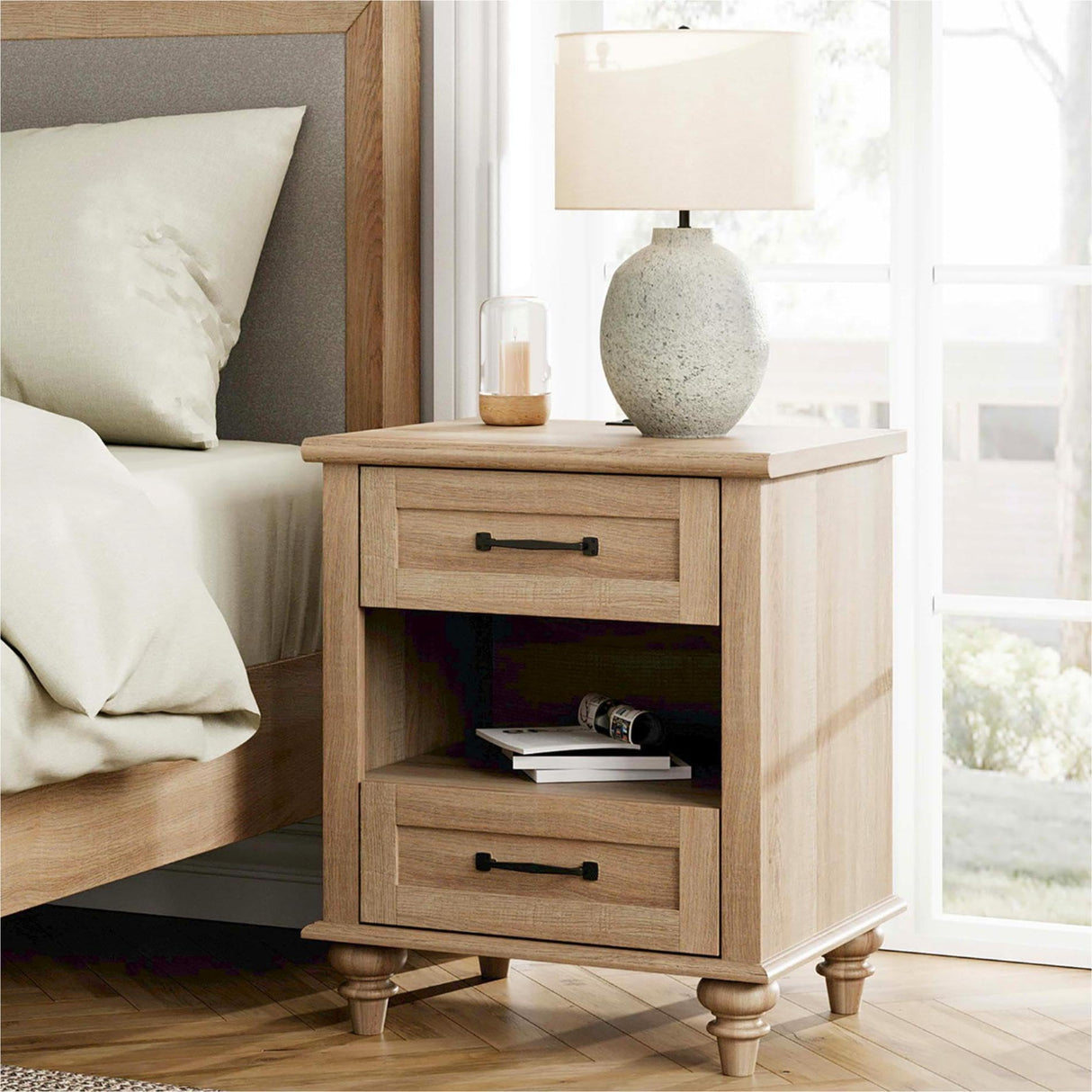 WAMPAT Set of 2 Nightstands with Drawers & Charging Station, Farmhouse Bedside Table with Open Shelf, Nightstand with Solid Wood Feet, Oak End Tables for Bedroom Living Room, Natural WAMPAT