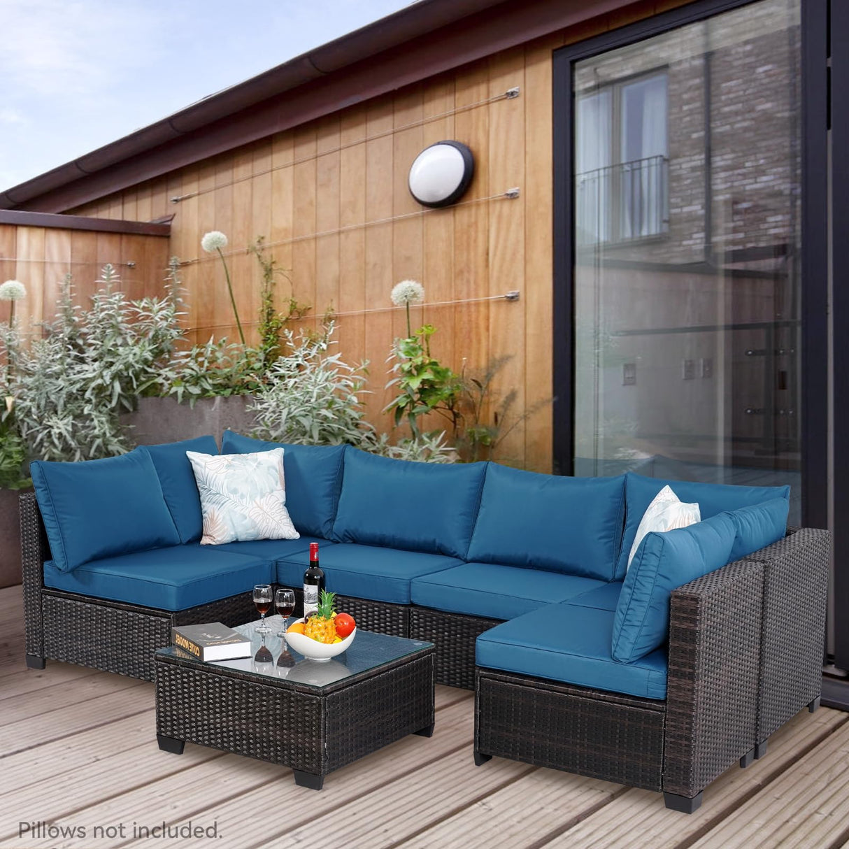 PAIQIAN 7 Piece Patio Furniture Set, Sectional Sofa Set Outdoor Rattan Patio Outdoor Sectional, Rattan Chairs Glass Table Seating Sectional Sofa with Cushions (Brown Blue) PAIQIAN