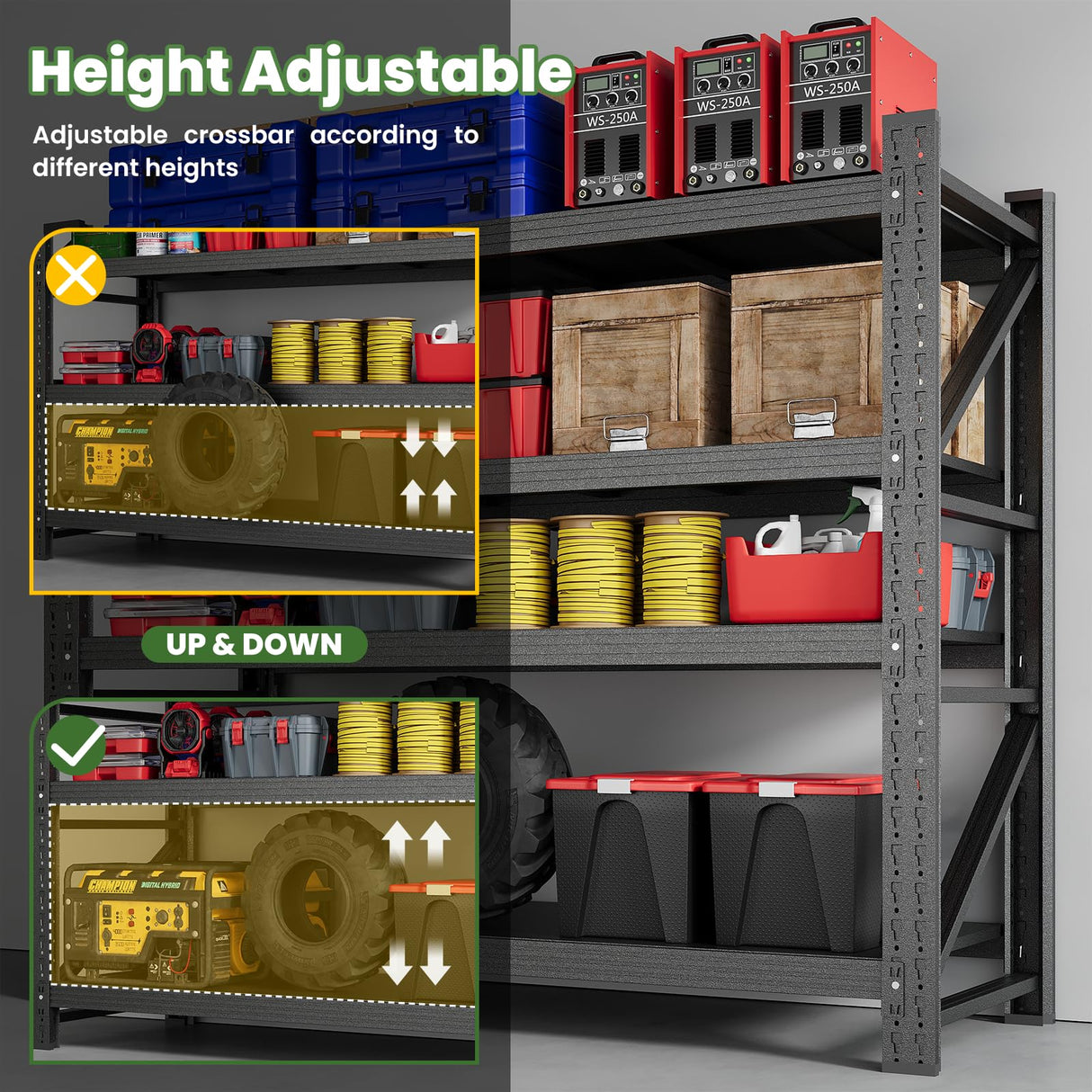 STANI 70" H 3000LBS Capacity Heavy Duty 4-Tier Adjustable Shelves Metal Garage Shelving Industrial Shelves Heavy Tools Utility Rack Shelf for Basement/Garage/Warehouse/Shop Black 48" Wx24 Dx69 H STANI