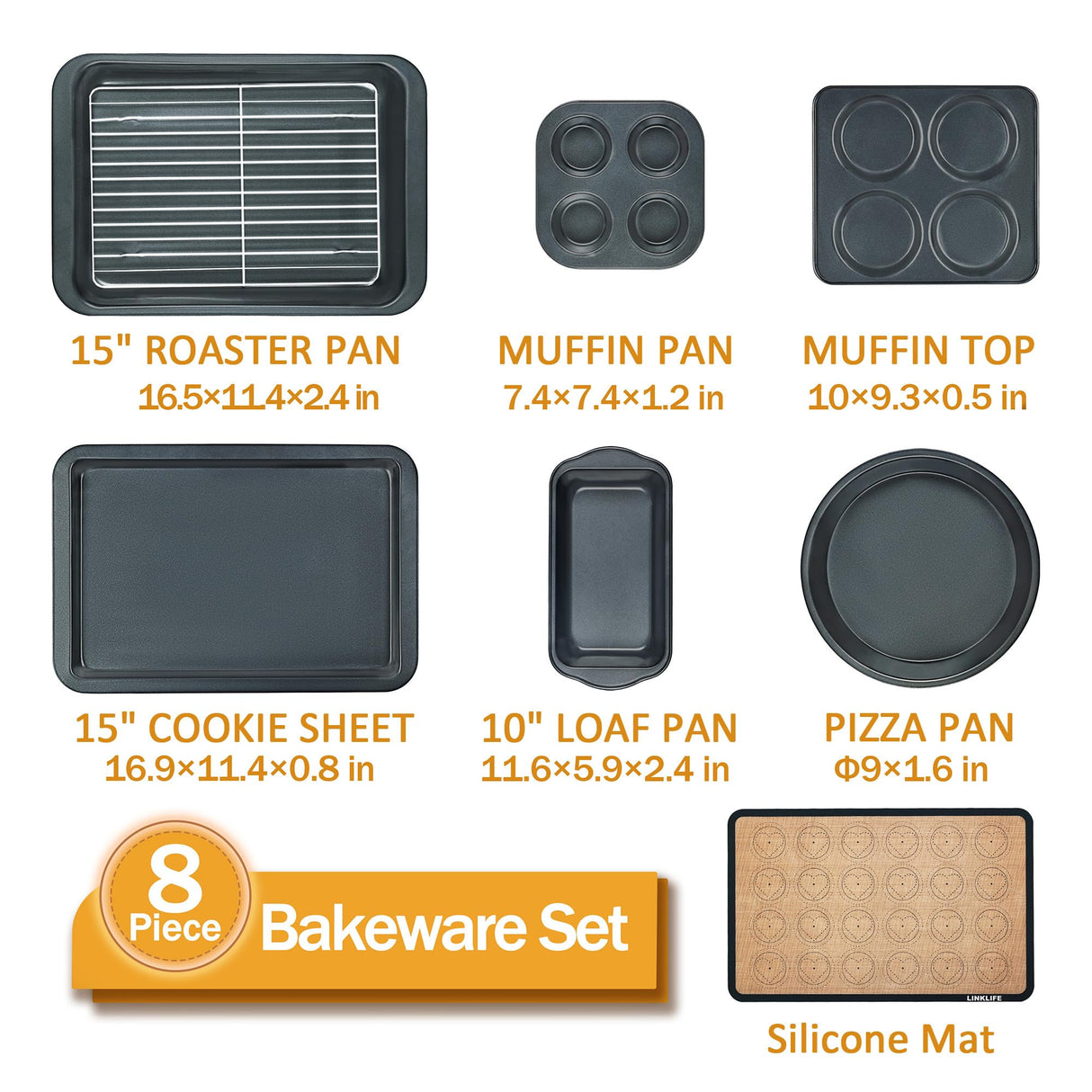 8-Piece Baking Pans Set with Rack, Nonstick Bakeware Include Muffins & Muffin Tops Pan, Baking Tray, Cookie Sheet with Mat, Loaf Pan, Round Cake Pan, Carbon Steel Baking Set LINKLIFE