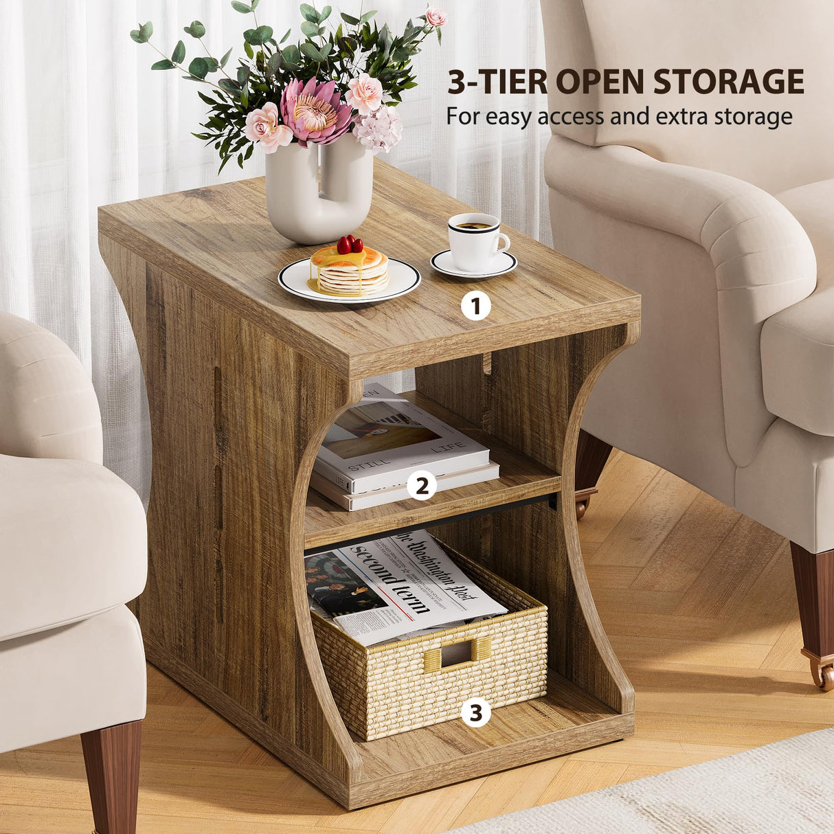Condemo Modern Farmhouse End Table with Storage, 3-Tier Narrow Country Side Tables for Small Spaces, Nightstand for Bedroom & Living Room, Wooden Bedside Table, Easy Assembly, Light Brown Condemo