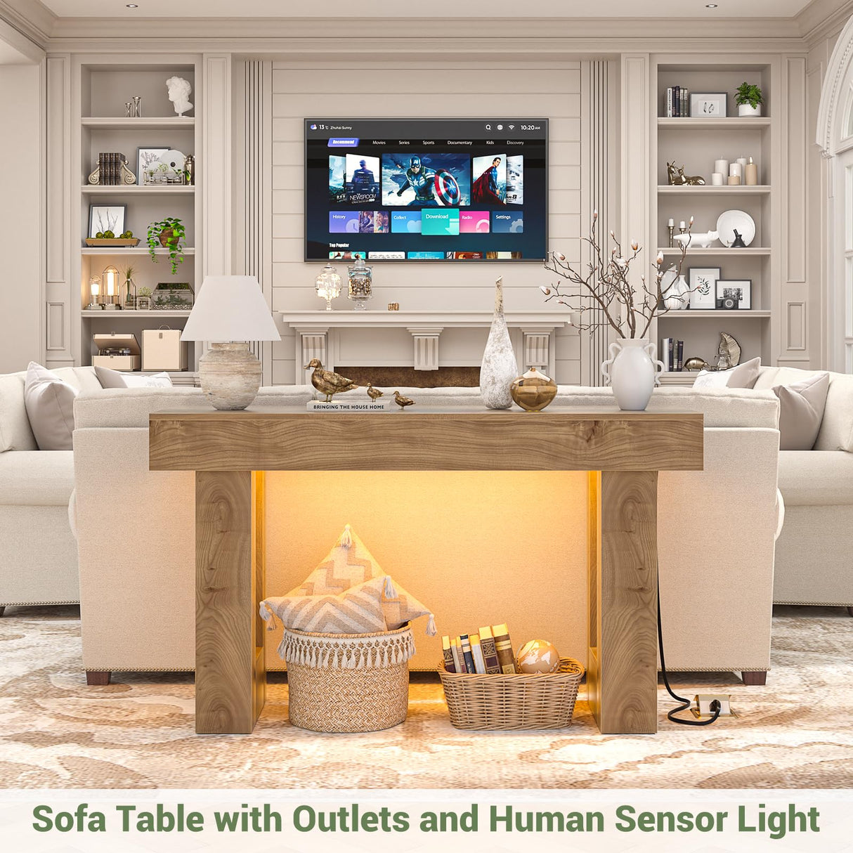 Unikito 47" Entryway Table with Socket and Sensor Light, Narrow Console Table with Storage Behind Couch, Farmhouse Entry Way Tables with Open Storage for Entrance/Hallway/Living Room, Natural Oak Unikito