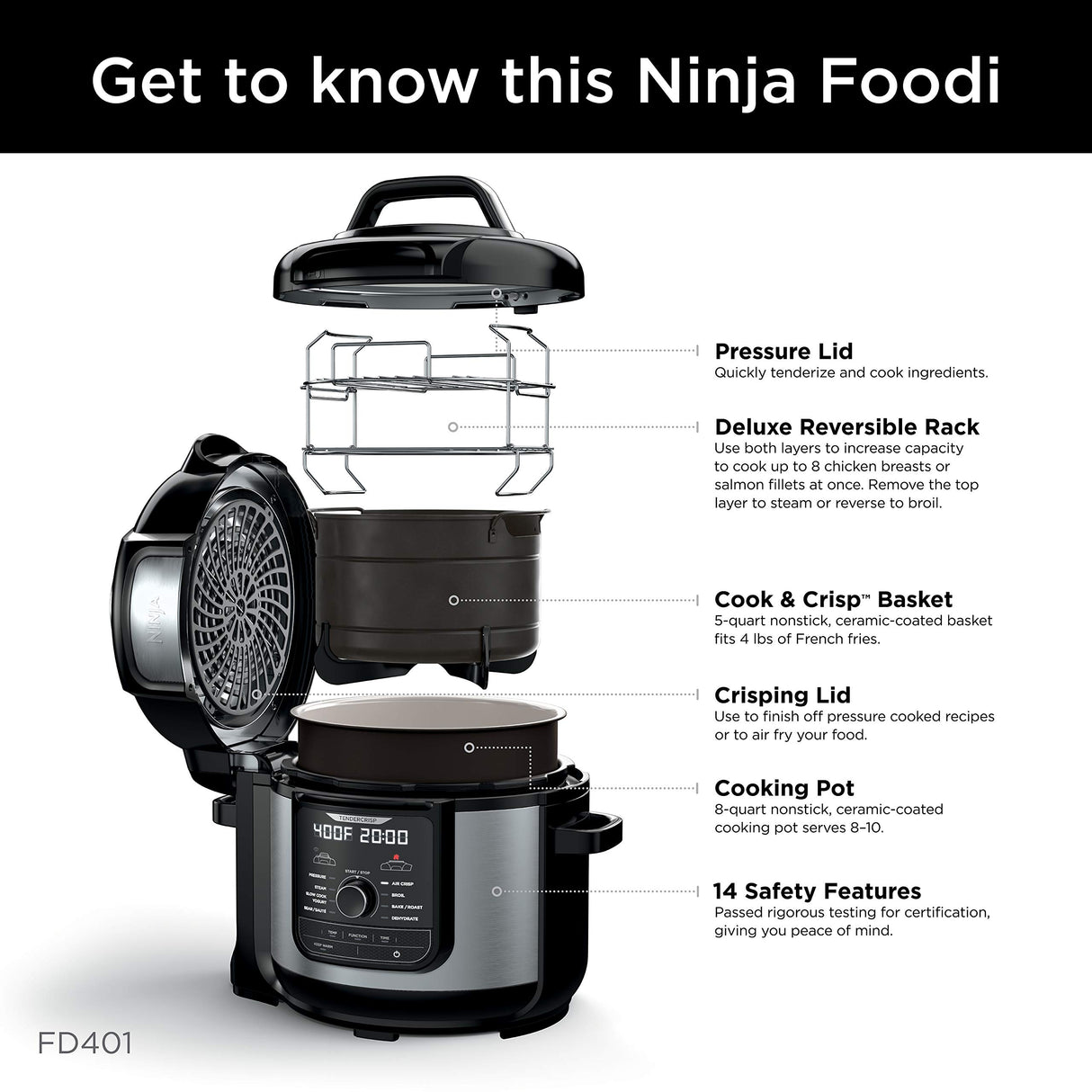Ninja FD401 LP3 Foodi 12-in-1 Deluxe XL 8 qt. Pressure Cooker & Air Fryer that Steams, Slow Cooks, Sears, Sautés, Dehydrates & More, with 5 qt. Crisper Basket, Reversible Rack & Recipe Book, Silver Ninja