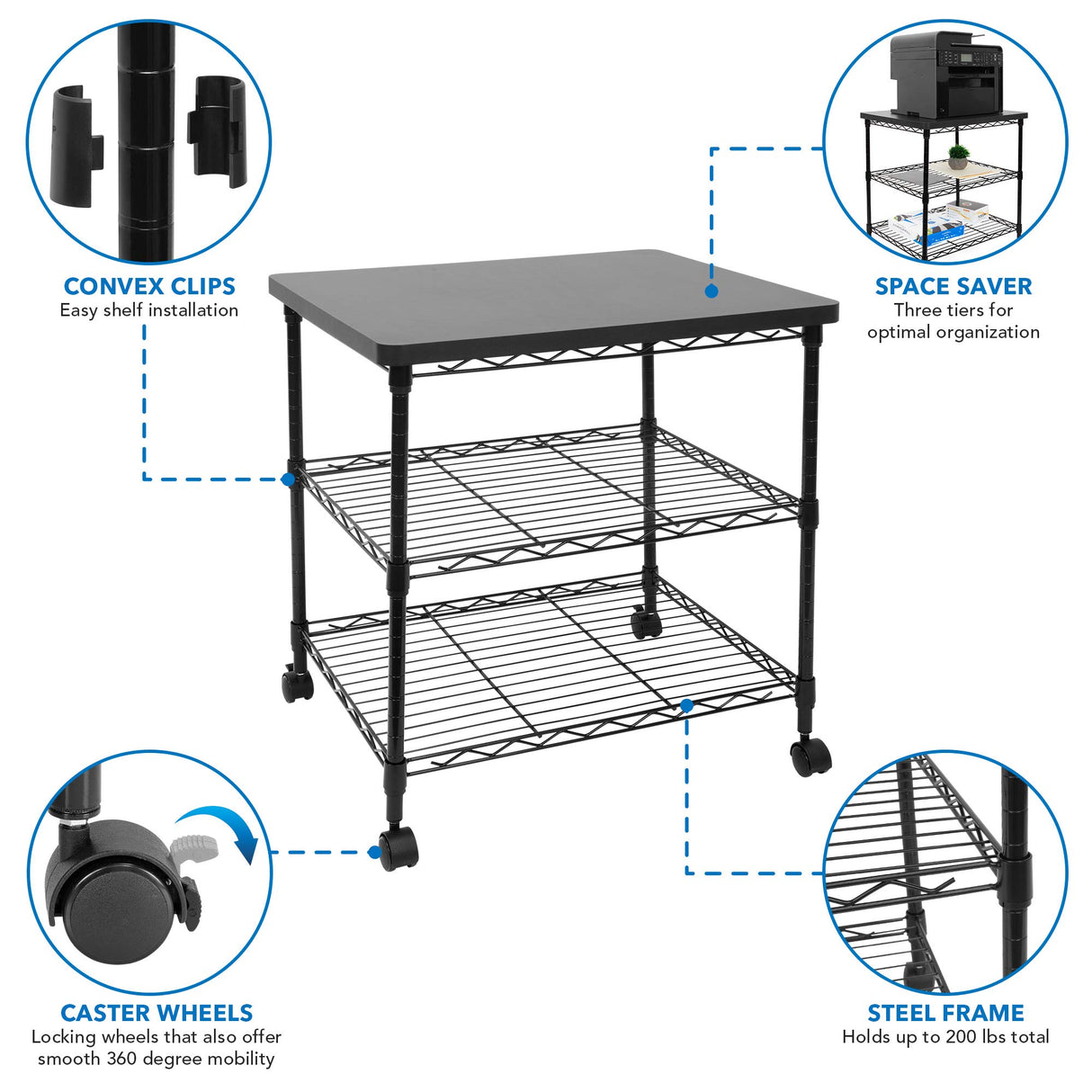 Mount-It! Printer Stand With Wheels | 3-Tier Large Printer Cart With Storage Shelves For 3D & Laser Printer, Scanner, Heat Press | Rolling Metal Utility Table For Home and Office Use, 200 Lbs Capacity Mount-It!