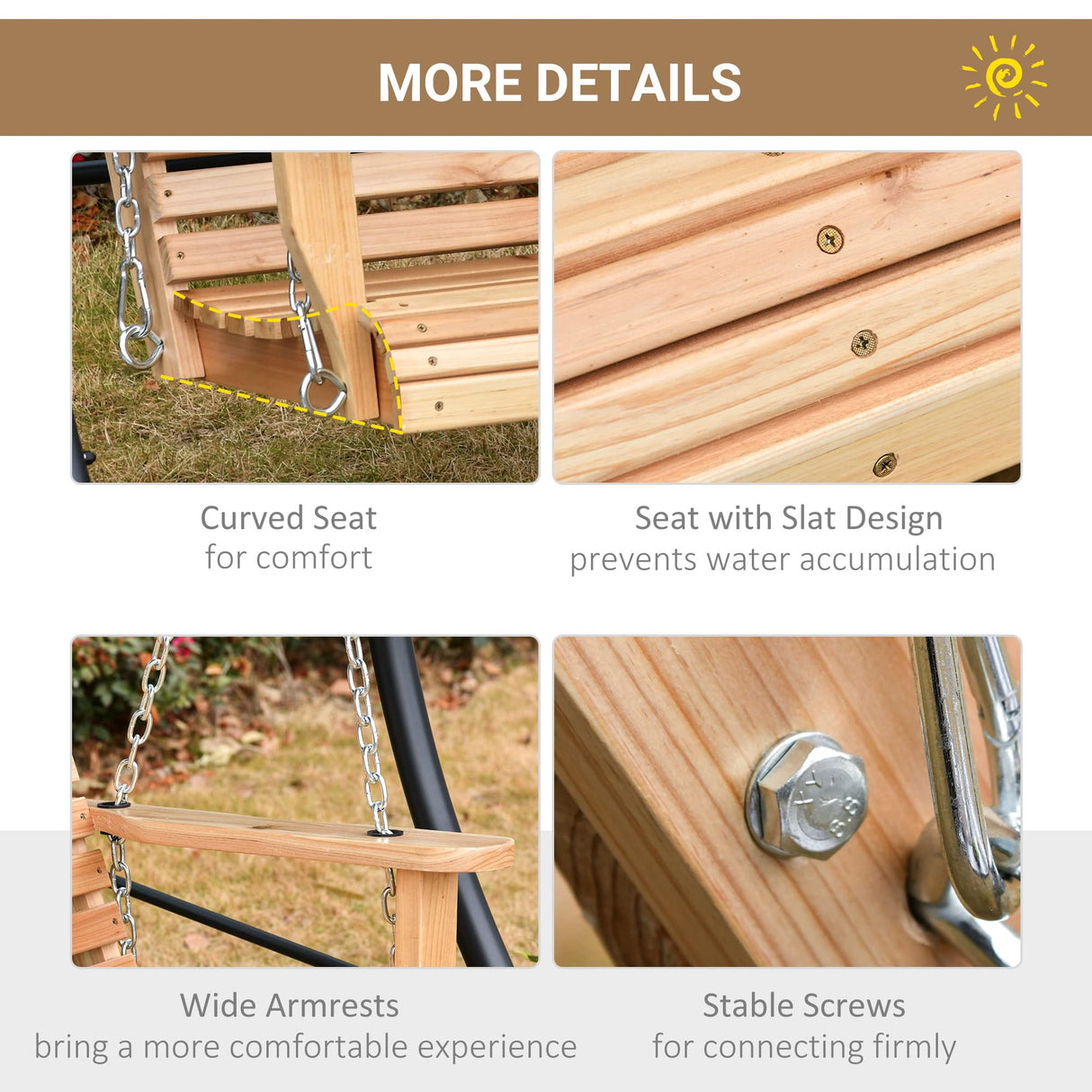 Outsunny 3-Seater Wooden Porch Swing, Patio Swing Bench with Folding Coffee Table, Cup Holders and Chains Included, 440lbs Weight Capacity, Natural Outsunny