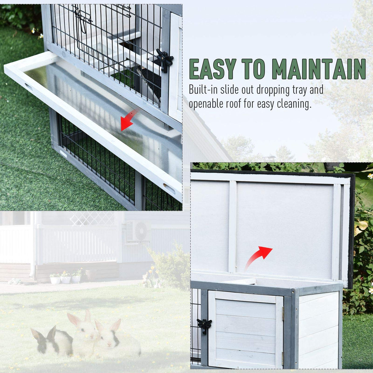 PawHut 43" L Wooden Rabbit Hutch Bunny Cage Small Animal House Enclosure with Ramp, Removable Tray and Weatherproof Roof for Outdoor, Grey PawHut