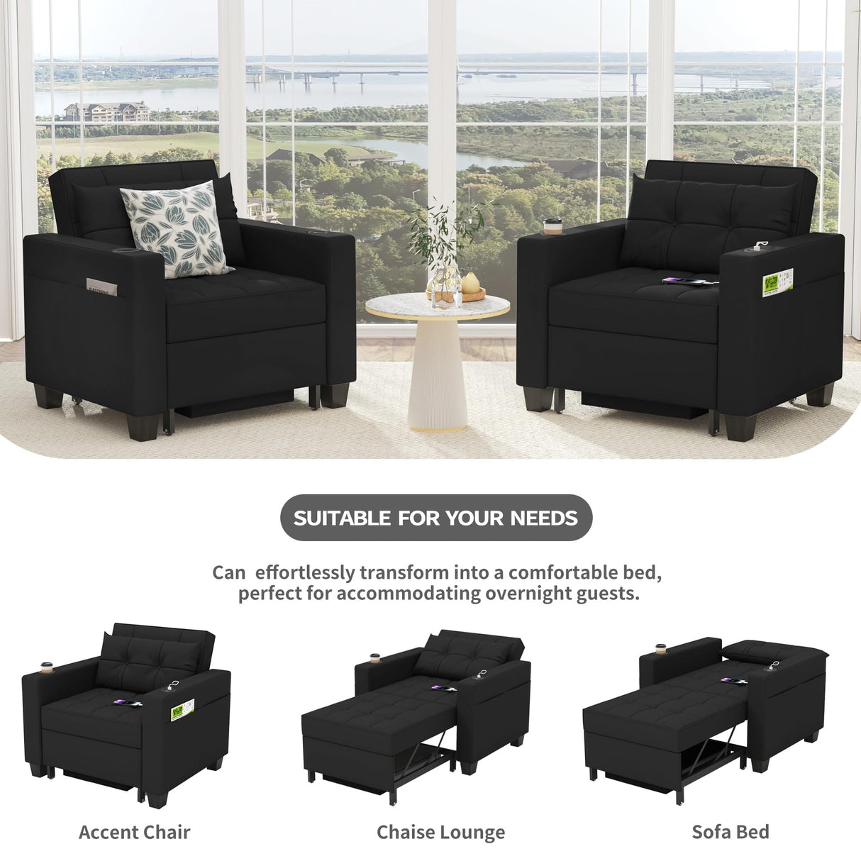 DURASPACE 39 inch Futon Chair Bed Convertible Chair 3-in-1 Pull Out Sleeper Reading Chair Beds with USB, Armchair Sleeper Bed for Living Room, Dorm, Small Space (Black Faux Leather) DURASPACE