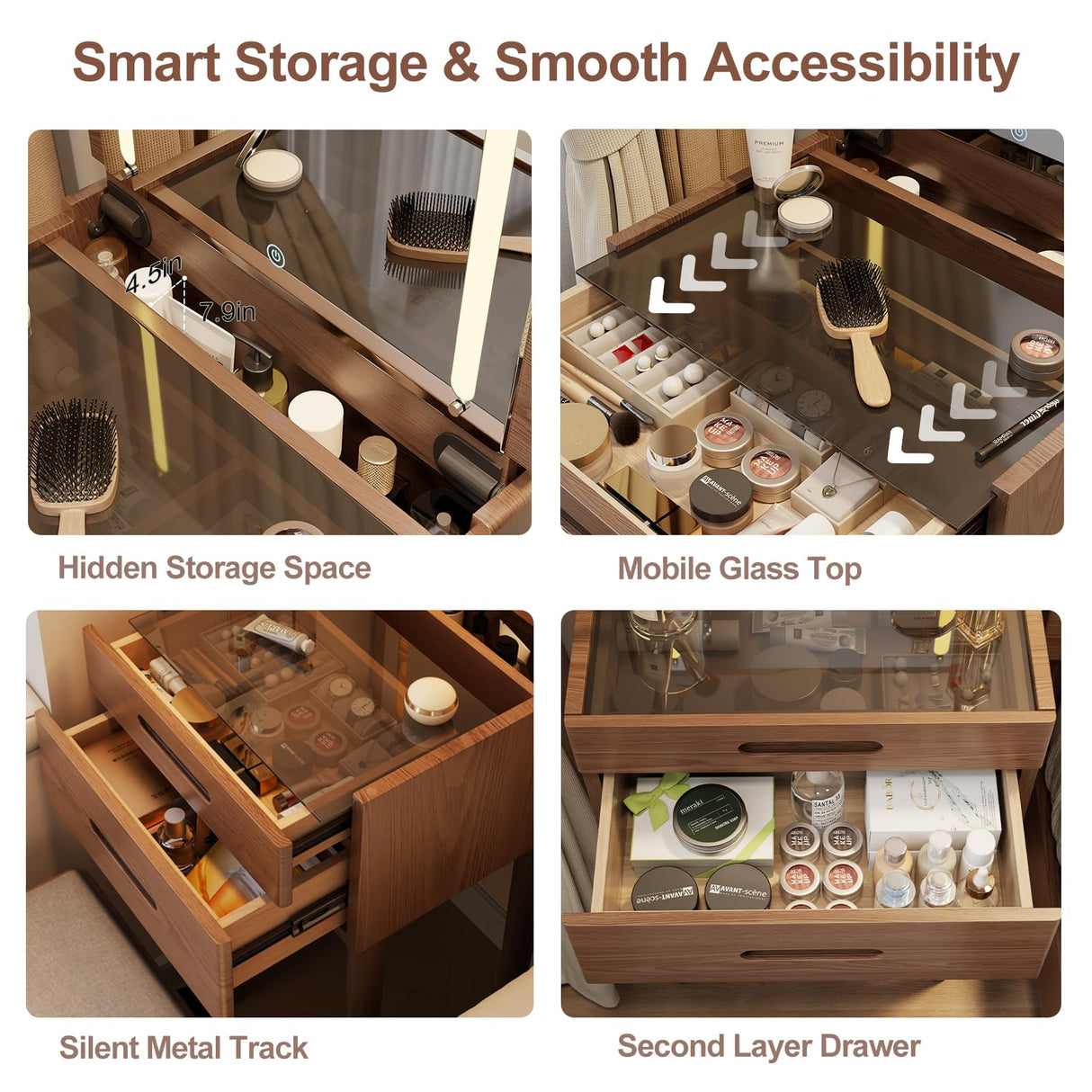 Muwuele Solid Wood Small Vanity Desk with Flip Top Mirror, Brightness Adjustable Lights, Compact Vanity with Glass Top and Drawers, Slim Dressing Table for Small Space, Bedroom, Living Room, Walnut Muwuele