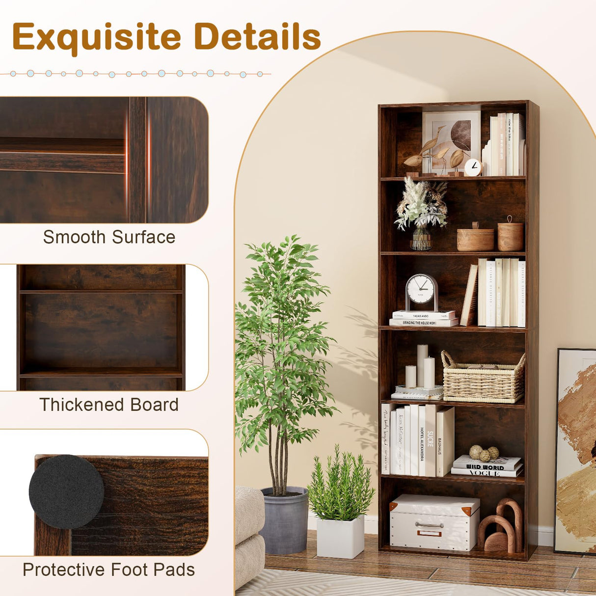 Tangkula 6-Tier Bookcase, 70” Tall Freestanding Bookshelf with 6 Open Shelves, Anti-Toppling Kits, Floor Display Storage Organizer for Living Room, Study, Kitchen, Home & Office (Rustic Brown, 70" H) Tangkula