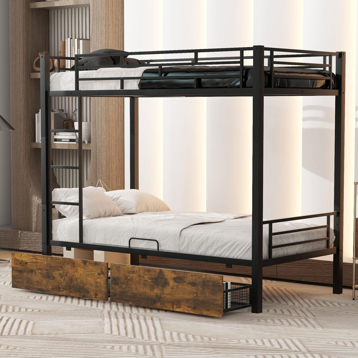 LUKEEHOM Metal Bunk Bed Twin Over Twin Convertible Twin Bunk Beds into 2 Individual Twin Size Bed with 2 Storage Drawers, No Box Spring Needed, Black LUKEEHOM