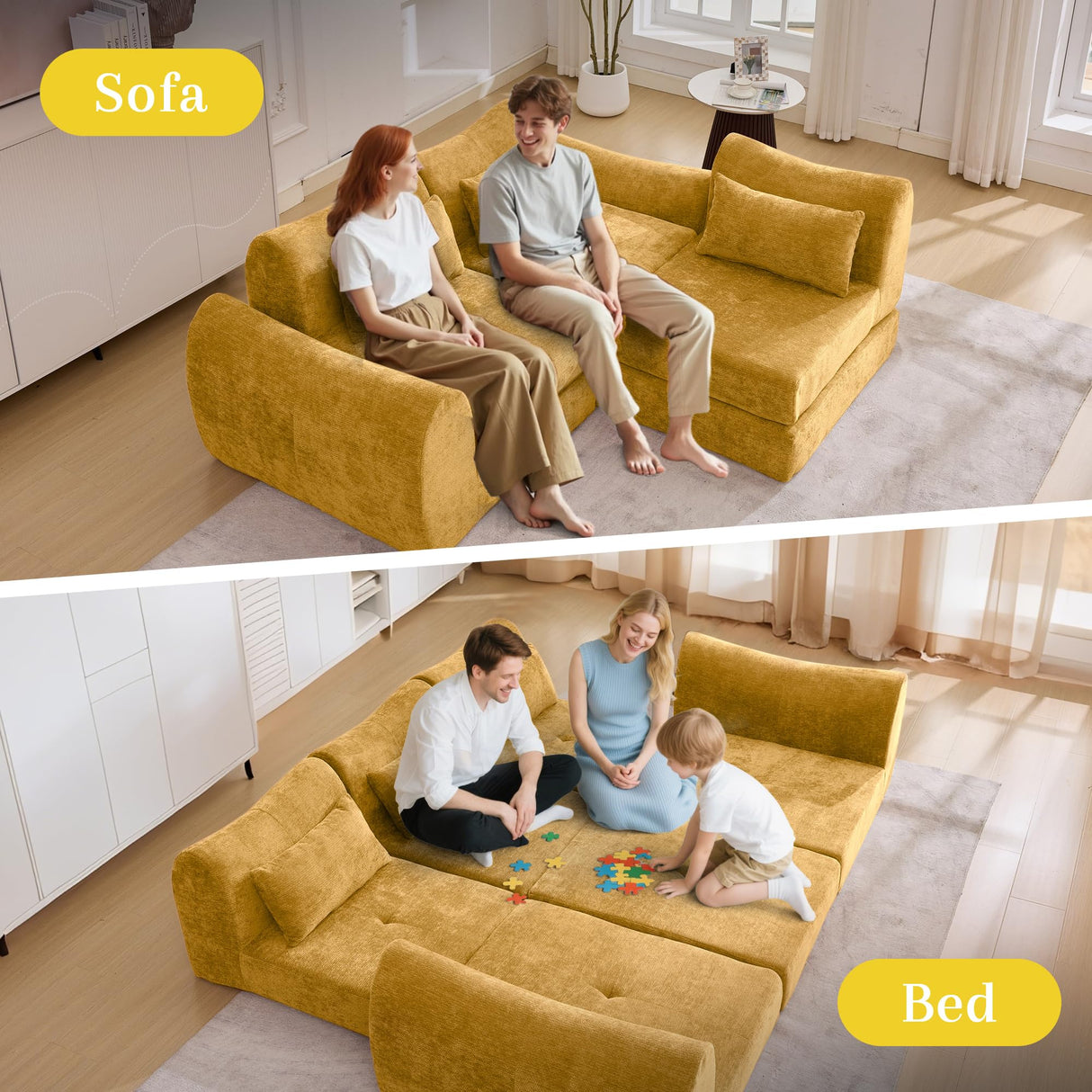 MAXMAXX 102" Cloud Sofa, 4-in-1 Folding Sofa Bed, Floor-Standing Boneless Couch, Futon Sofa Bed for Living Room, Bedroom and Entertainment Room(Yellow) MAXMXX