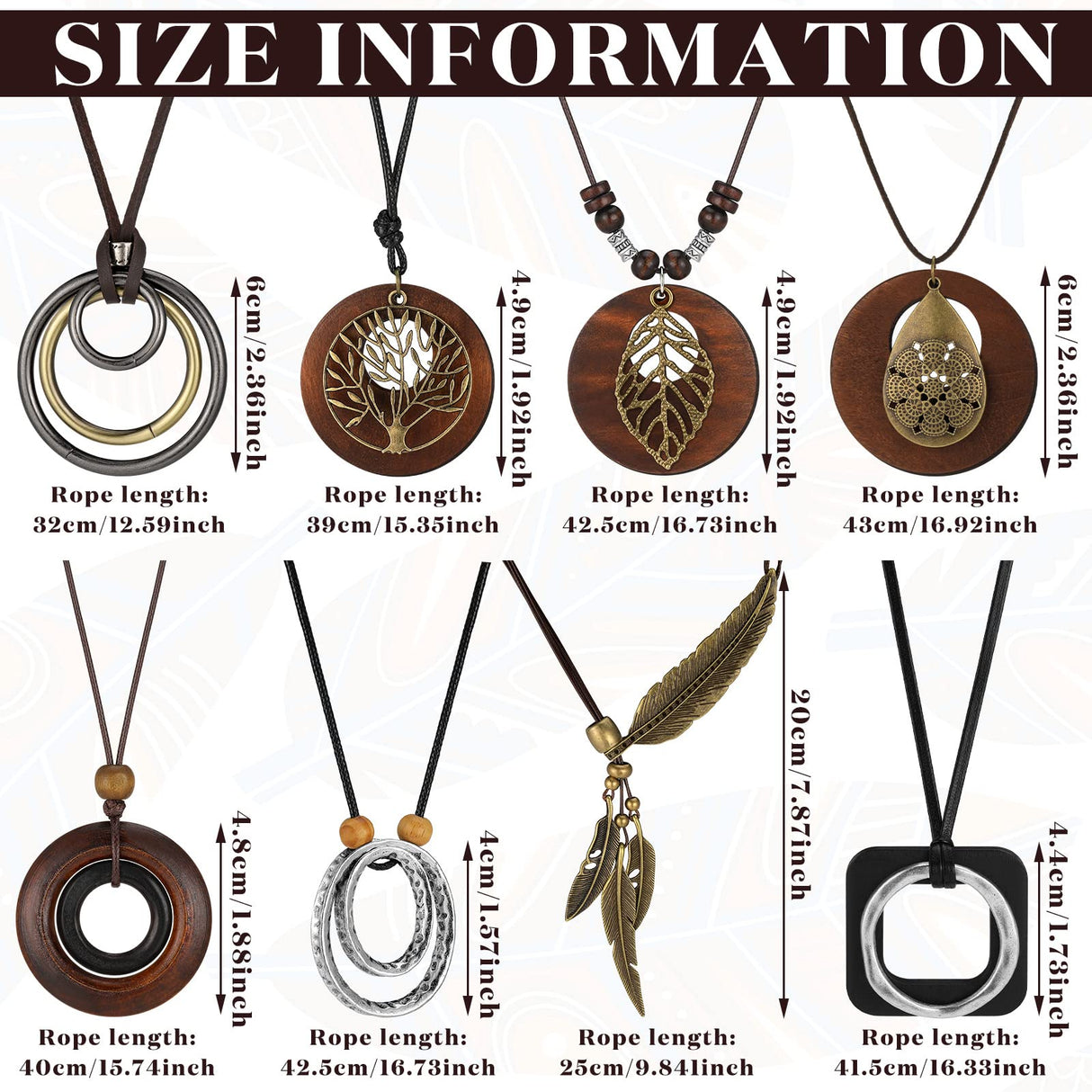 Huquary 8 Pcs Boho Necklaces for Women Boho Jewelry for Women Long Wooden Pendant Choker Necklaces Brown Faux Leather Cord Sweater Jewelry Feather for Women Men Huquary