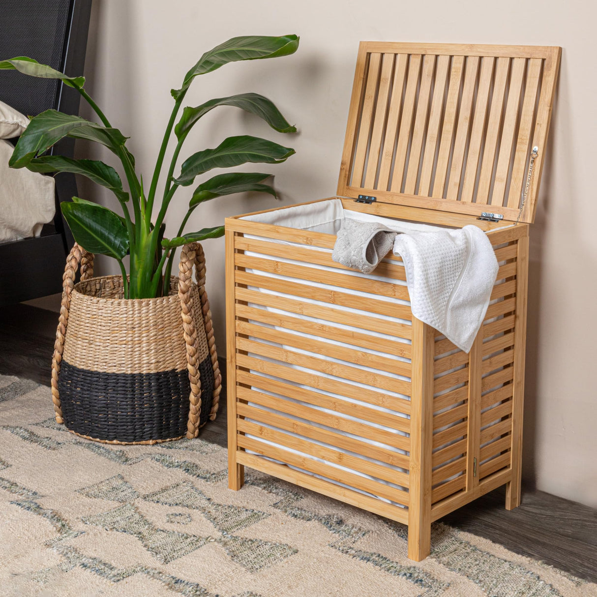 Household Essentials 6216-1 Natural Bamboo Laundry Hamper with Hinged Lid and Cotton Liner Large Household Essentials