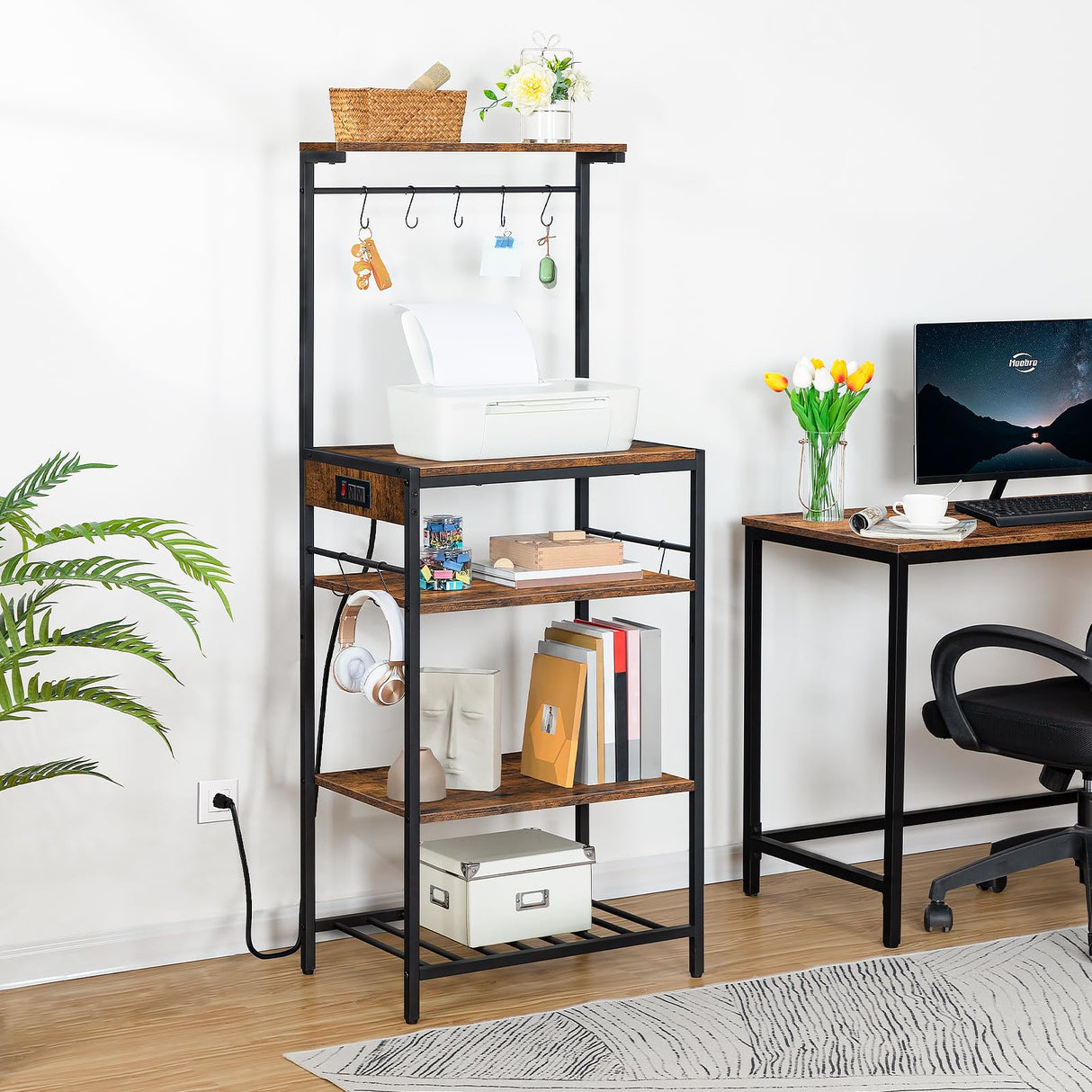 HOOBRO Rustic Brown Kitchen Bakers Rack with Power Outlet and Adjustable Wine Rack HOOBRO