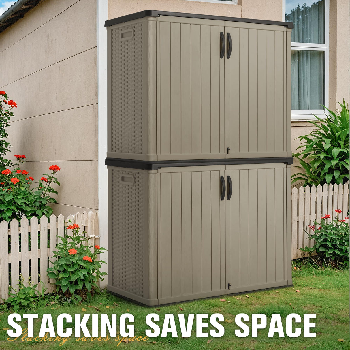 Greesum Outdoor Horizontal Storage Sheds 27 Cu.ft Resin Large Storaged Box Weather Resistance, Without Shelf, Easy to Assemble, Prefect for Garden, Patios, Backyards, Beige Greesum