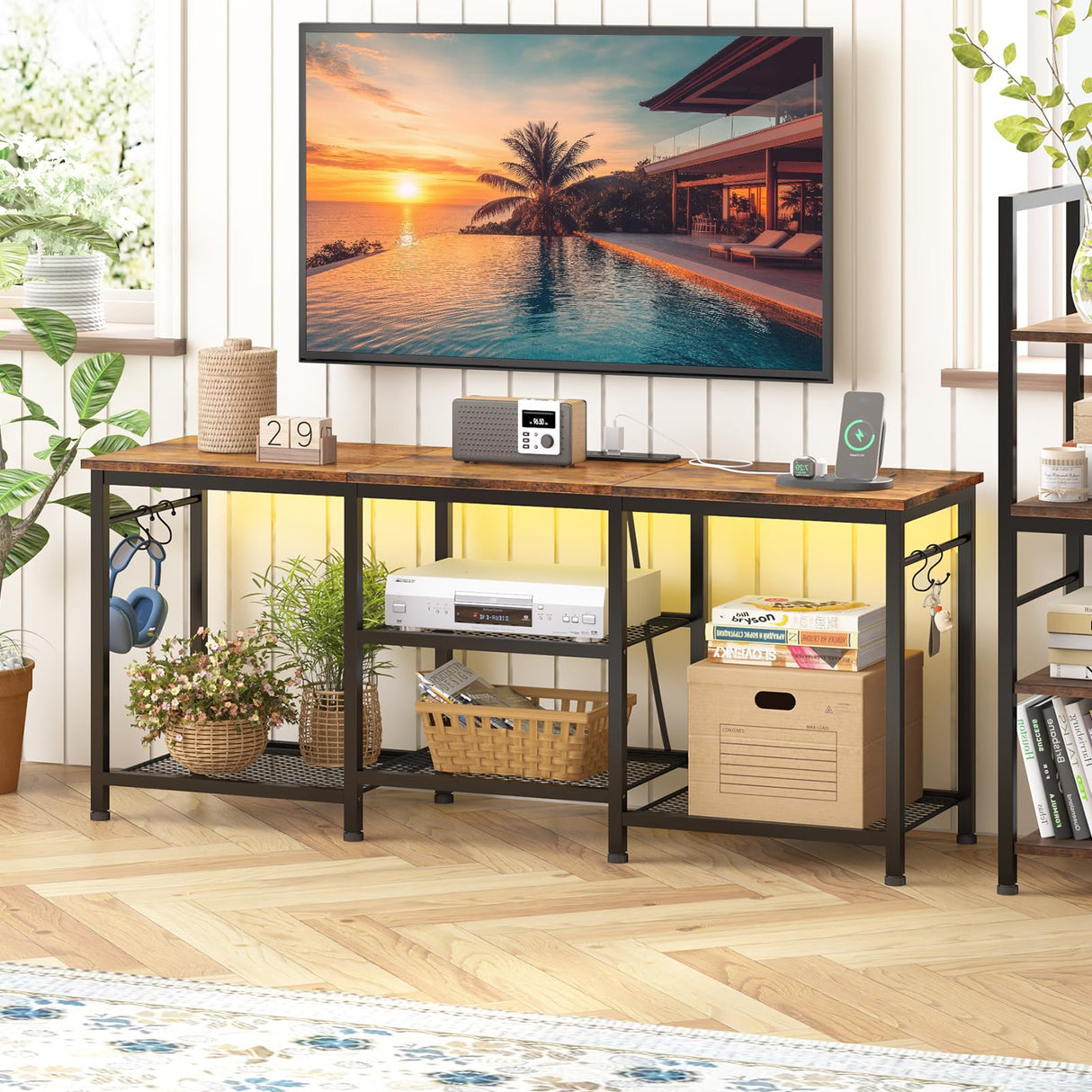 YGEOMER TV Stand Entertainment Center for 55 Inch TVs, with Charging Station and Lights Open Storage Shelves, TV Media Console, Open Storage Shelf with Sound Rack for Living Room, Rustic Brown YGEOMER