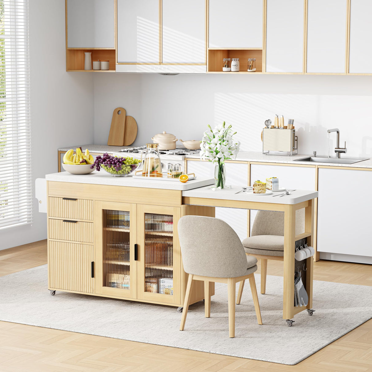 IRONCK 78.7" Kitchen Island with Extendable Dining Table, Rolling Kitchen Cart on Wheels with Quartz Laminate Top, Storage Cabinet, Spice Rack, Shelf & Drawer for Dining Room (Oak) IRONCK